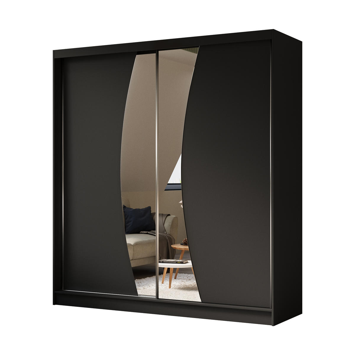 KLEIDERSCHRANK mit Spiegel-Schiebetüren und Aluminium-Leisten, LED-Beleuchtung - VOXI - 200 cm Schwarz - Schwarz, Holzwerkstoff (200/216/61cm) - ALTDECOR