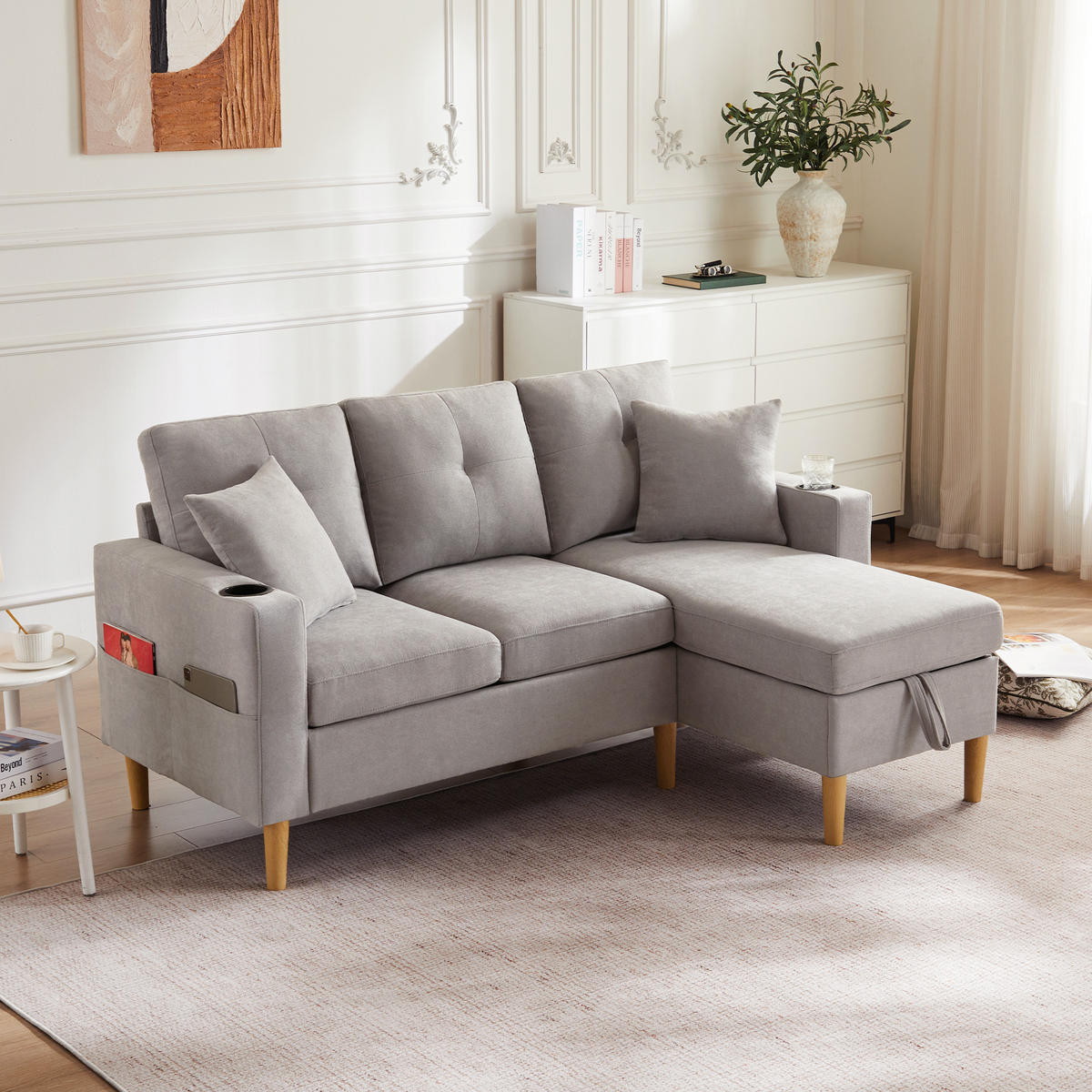 SOFA 3-Sitzer L-Form Chaiselongue Stauraum Getränkehalter - Grau, Holz (129/175cm) - FLIEKS