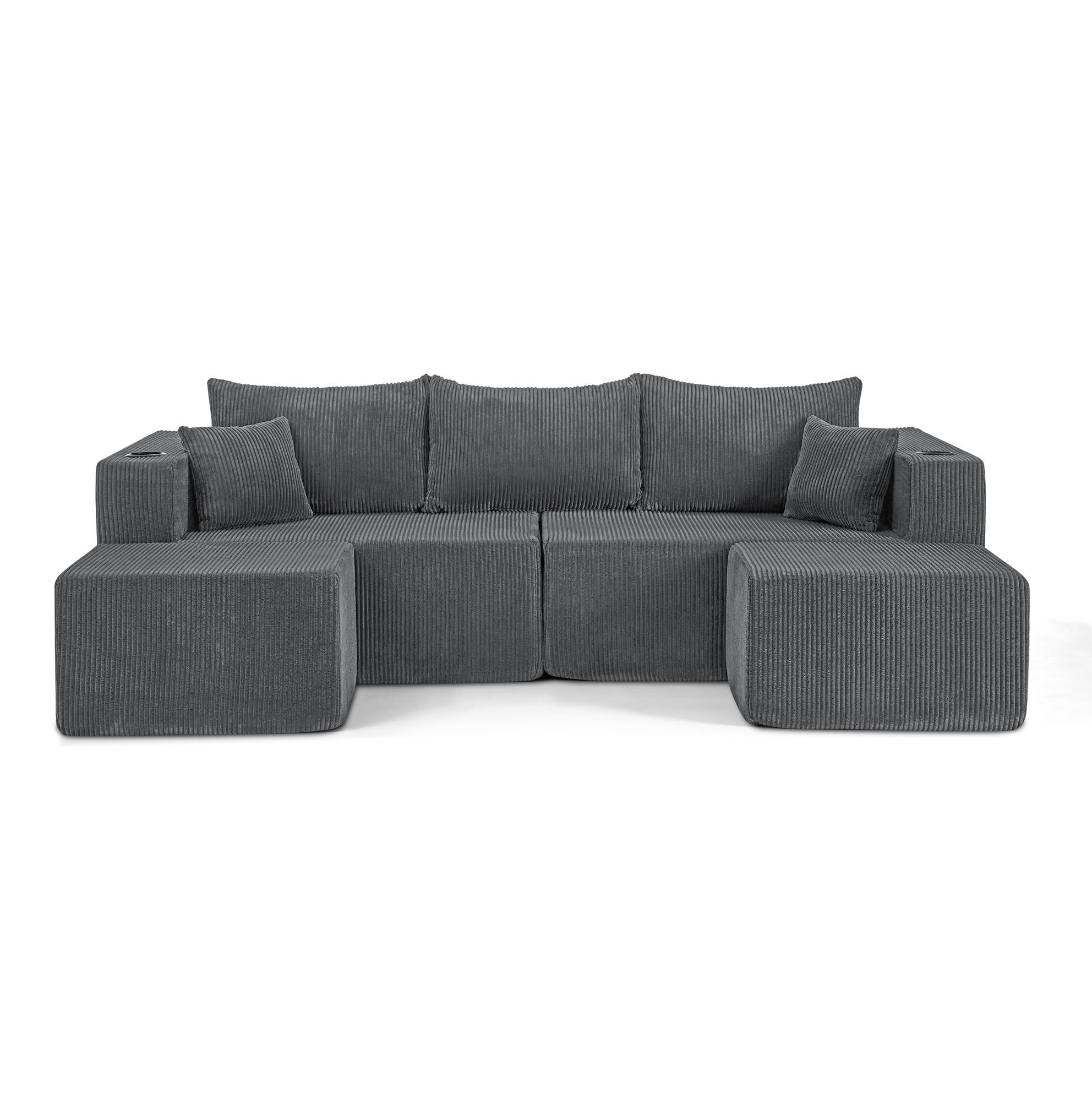 SOFA modulares Ecksofa 3-Sitzer Cord Gray mit 2 Ottomanen - Grau, Kunststoff (230/75/138cm) - IVMEU