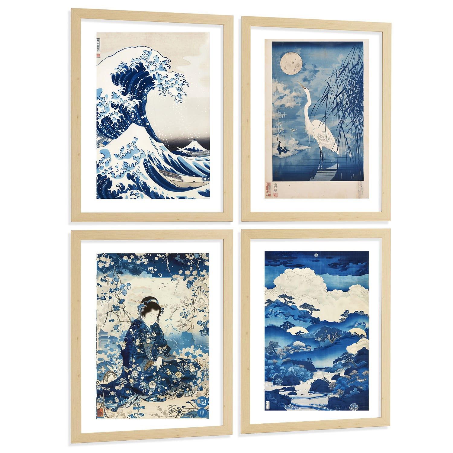POSTER 4er Bilder-Set Wandbilder Japanisch modern Wohnzimmer Deko, Schlafzimmer, Küche, Badezimmer Leichter Holzrahmen A4 - Beige, Papier (29.7/1/21cm) - Nacnic