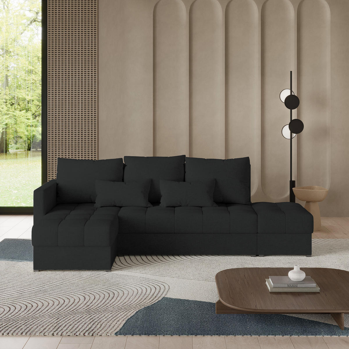ECKSOFA LUMARI L-S Schwarz Plüsch-Stoff mit Schlaffunktion - Schwarz, Holz (262/143cm) - MASSENO