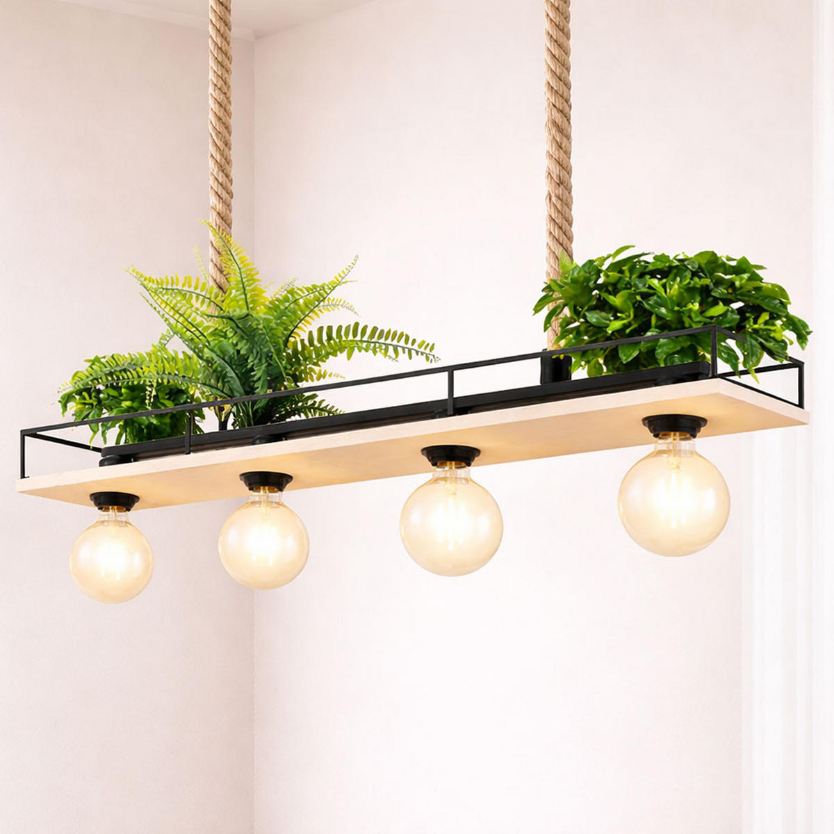 HÄNGELEUCHTE LED Holz/Metall braun/schwarz, 4-flg., 95 cm - Braun, Holz (95/15/120cm) - Globo Lighting