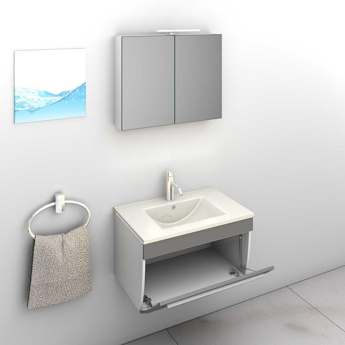 BADMÖBEL Set Gently 3 V1 Weiß/Grau MDF Waschtisch 70cm JA mit 1x 5W LED-Strahler - Grau, Glas/Kunststoff (46/52/60cm) - AcquaVapore by Sandra Jentho