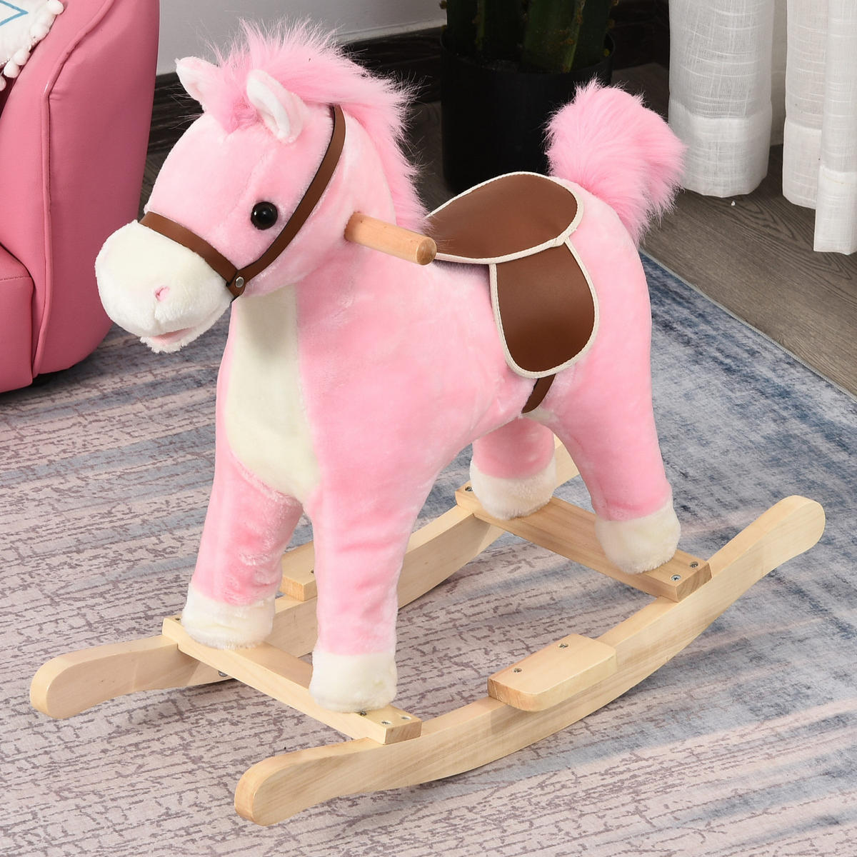 KINDER SCHAUKELTIER, Braun/Rosa, Plüsch+ Holz - Rosa, Holz (32.5/61/65cm) - HOMCOM