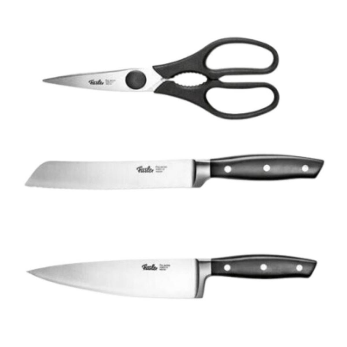 MESSERSET PROFI 3-tlg Kochmesser 19 cm Brotmesser 18 cm Küchenschere Edelstahl Schwarz - Silberfarben/Schwarz, Kunststoff/Metall - Fissler