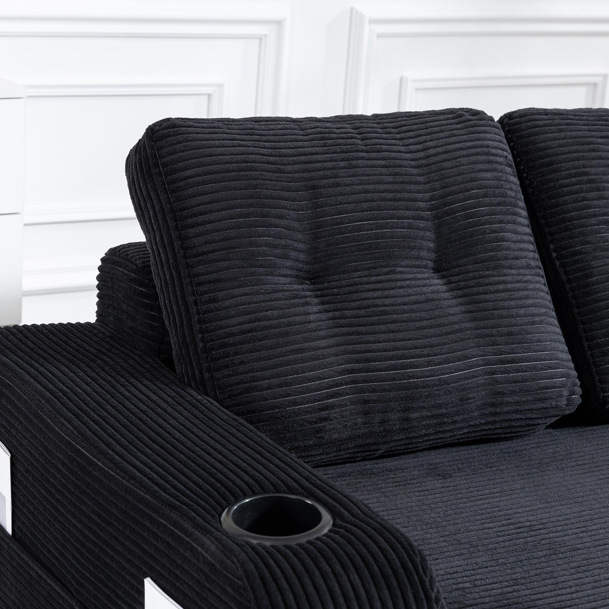 2-SITZER SOFA Cord Schwarz mit Getränkehaltern und Seitentaschen - Schwarz, Textil (136/82.5/80cm) - WISHDOR