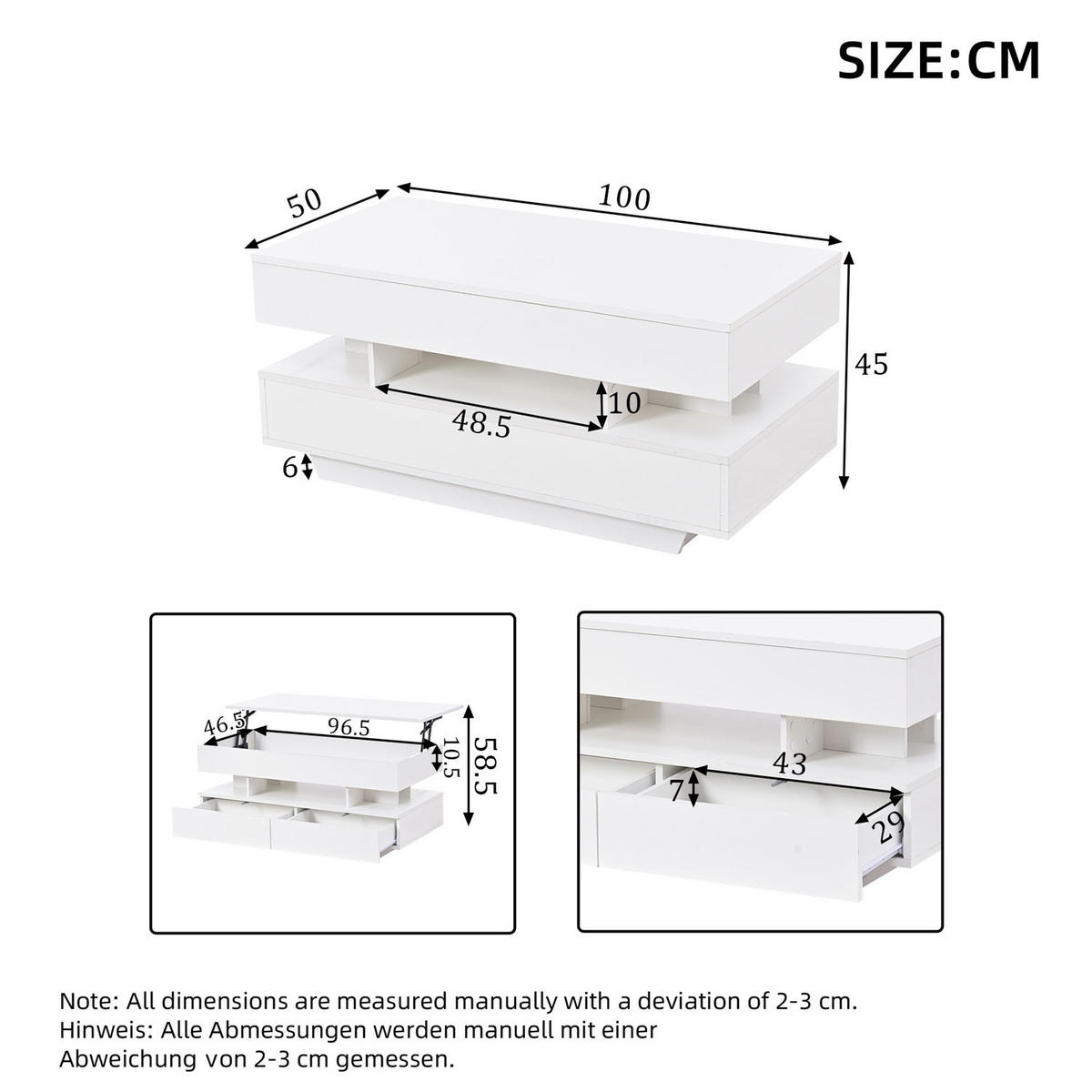 COUCHTISCH Lift-Top LED mit Stauraum 100 cm - Weiß, Holz (50/100/45cm) - Kaket