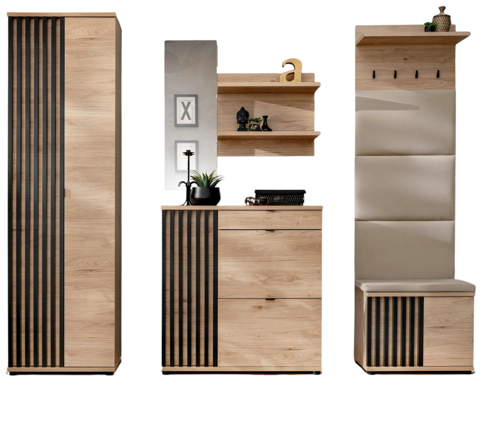 GARDEROBE Set 5-teilig Eiche Jackson, schwarz 250 cm, Garderobenkombination mit 3D-Lamellen - Eichefarben/Schwarz, Holzwerkstoff/Kunststoff (230/202/35cm) - Furn.Design