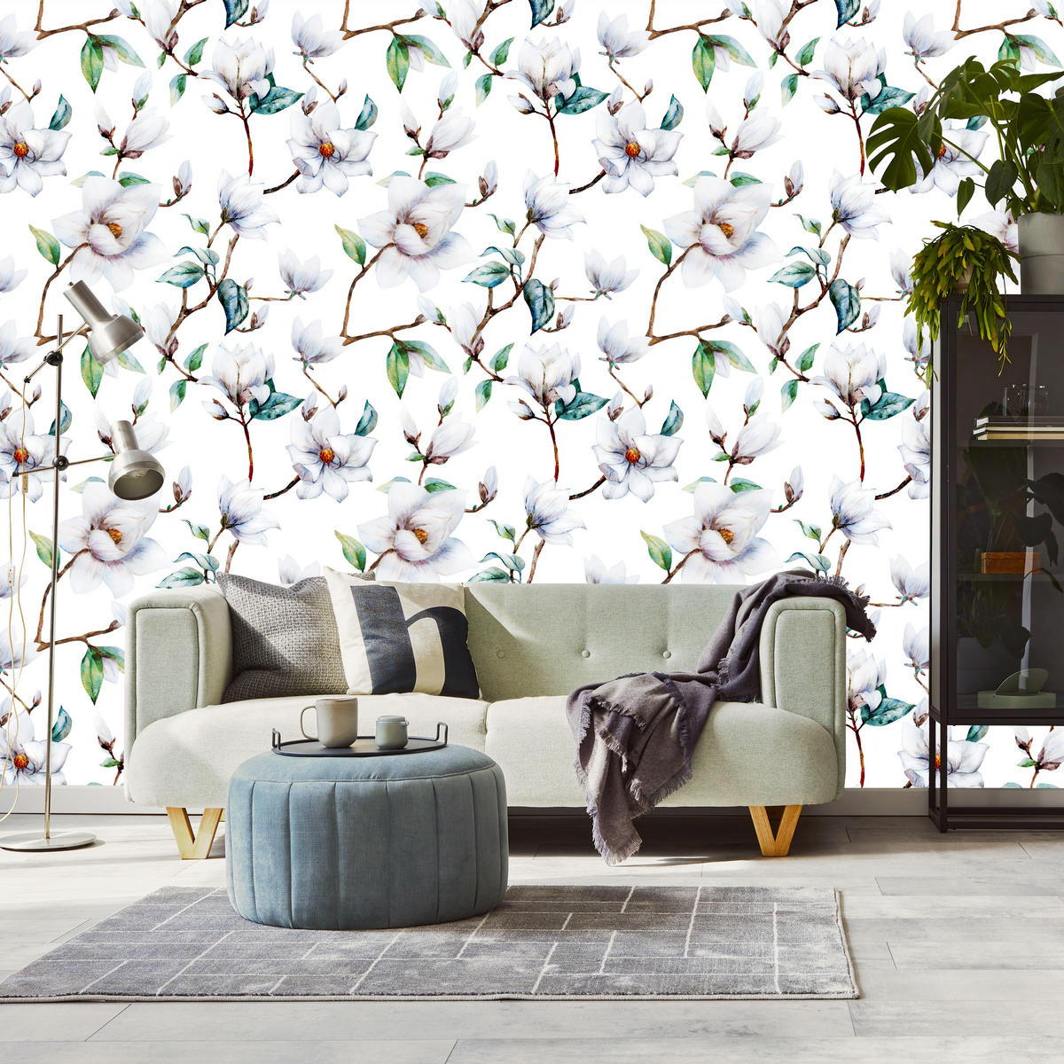 VLIESTAPETE Magnolienblüten – Weiß, Grün, Hellblau – 50x1000 cm - Weiß/Hellblau, Papier (50/1000cm) - Muralo