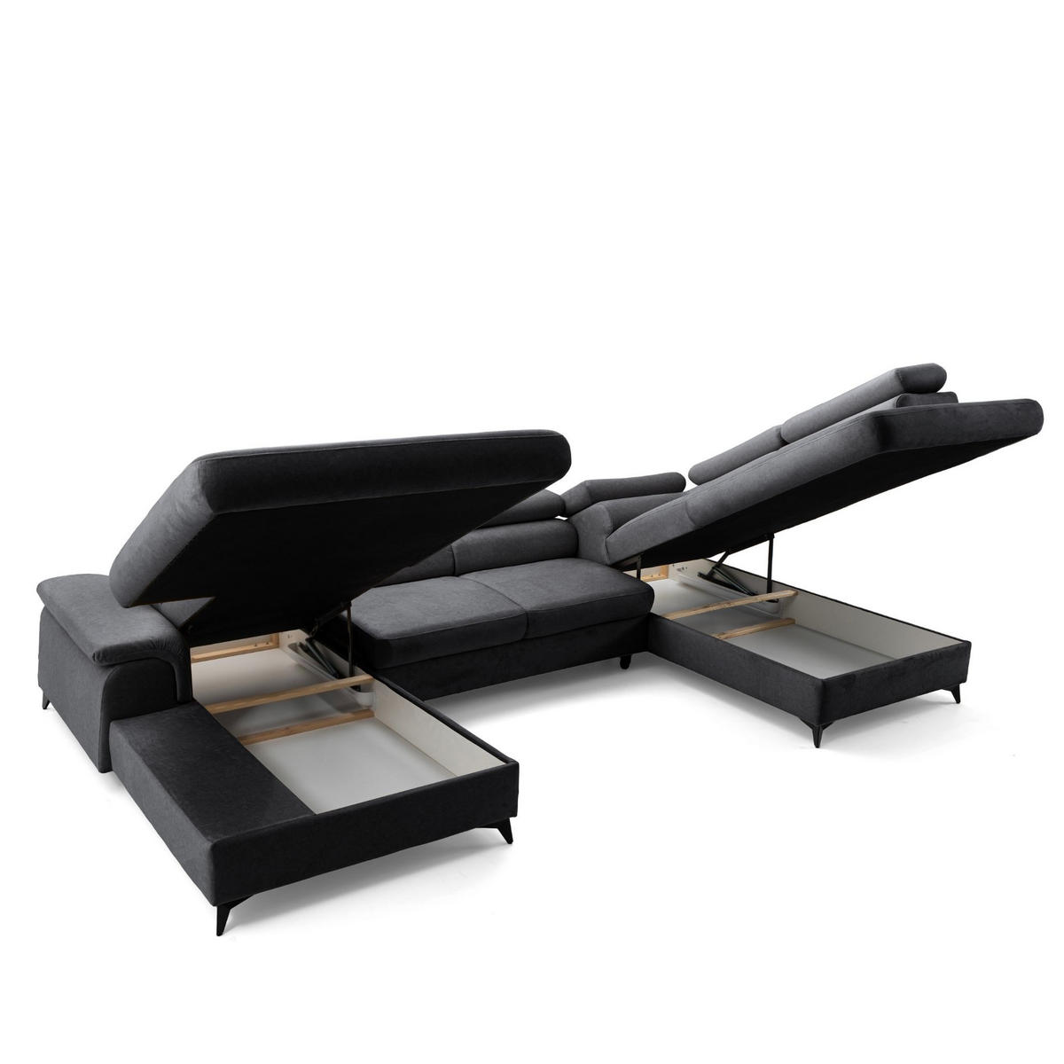 ECKSOFA U-Form PLAZA U Rechts mit Schlaffunktion 125x256 Velours Anthrazit - Anthrazit/Schwarz, Holz/Kunststoff (210/95/350cm) - Muffo