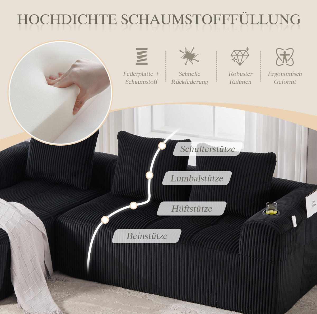 KOMPAKTSOFA Cord mit modularer DIY-Kombination Seitentaschen und Becherhalter 253/158/61 cm Schwarz - Schwarz, Textil (158/253cm) - Redom