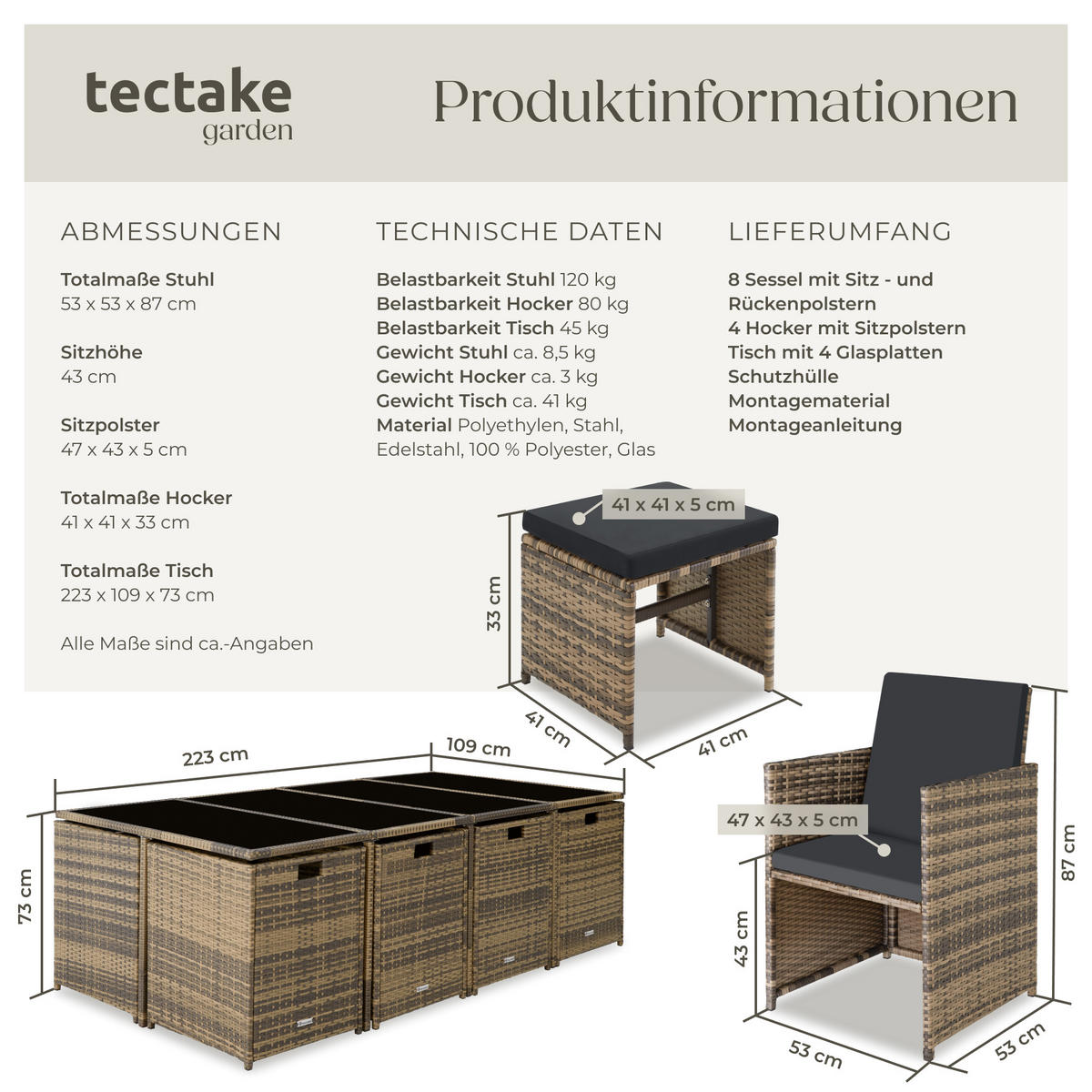 RATTAN SITZGRUPPE Palma,zusammenschiebbar, inklusive Schutzhülle,natur/dunkelgrau - Dunkelgrau/Naturfarben, Kunststoff - tectake