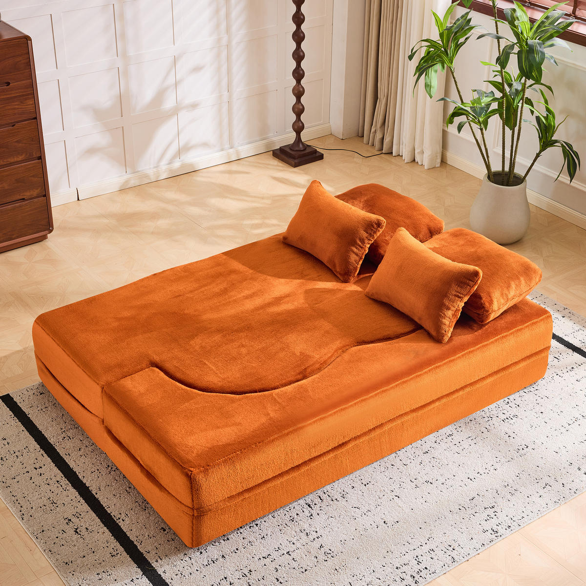 2-SITZER SCHLAFSOFA Flanell Orange mit 4 Kissen - Orange, Textil (198/76/120cm) - WISHDOR