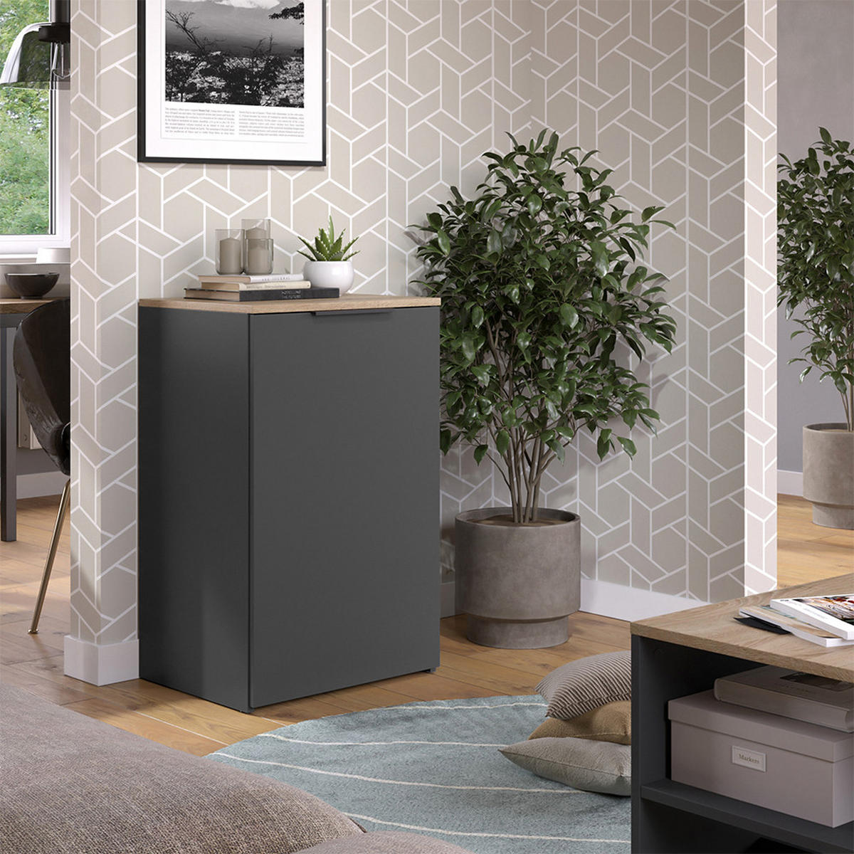 KOMMODE Wido Anthrazit 50 x 80 cm mit Regal - Anthrazit/Sonoma Eiche, Holzwerkstoff (50/80/40cm) - Vicco