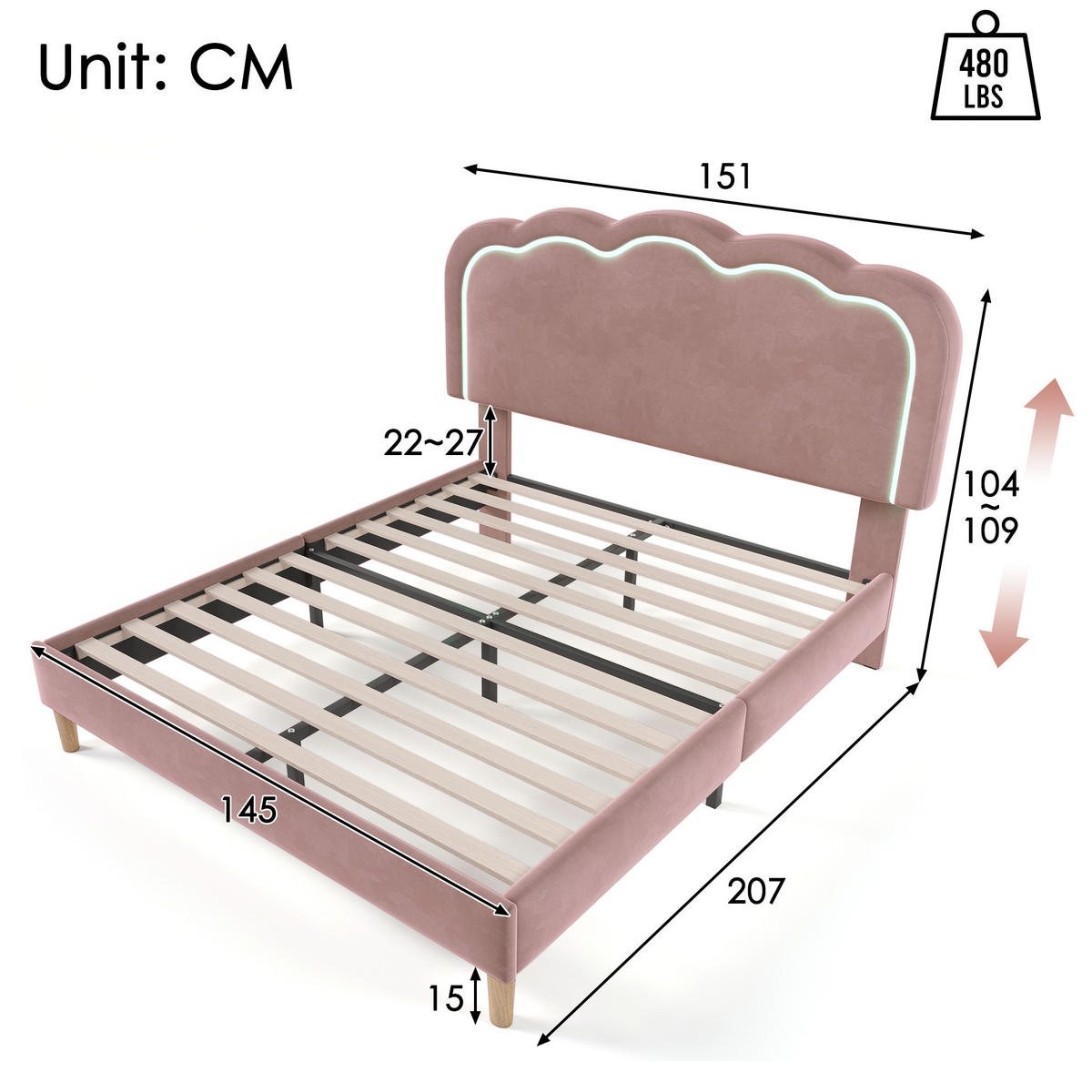 POLSTERBETT aus Samt 140x200 cm in Rosa mit LED-Kopfteil - Rosa, Textil (140/200cm) - Modfu