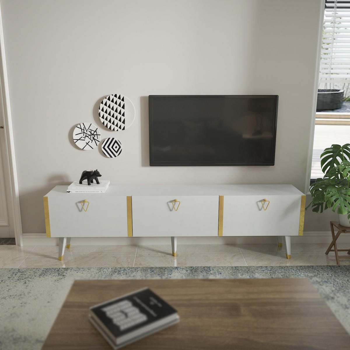 TV Stand Milagro Weıss Gold - Goldfarben, Holzwerkstoff (31.3/49.3/180cm) - Decorotika