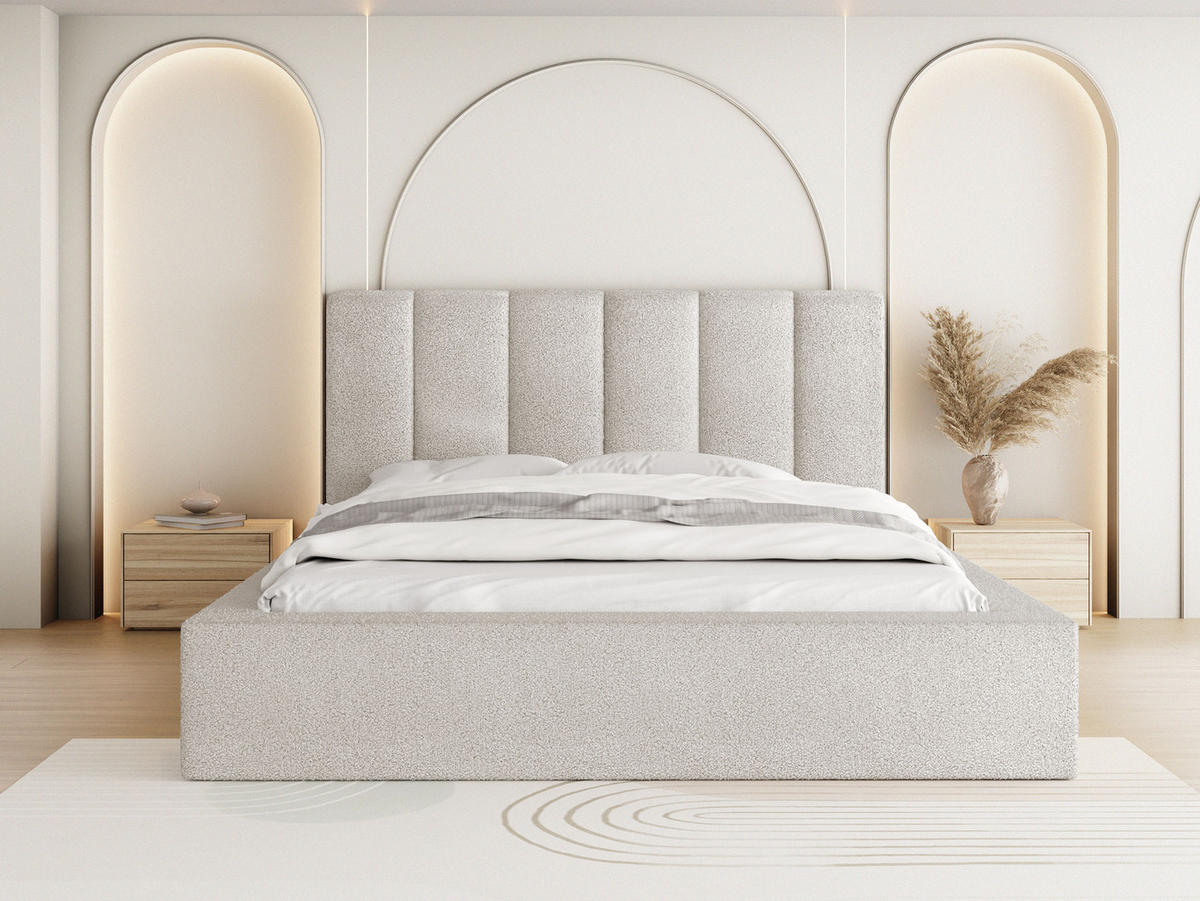 POLSTERBETT Amira mit Bettkasten, Creme Boucle 160x200 cm - Birkefarben/Schwarz, Holz/Holzwerkstoff (160/200cm) - WFL GROUP