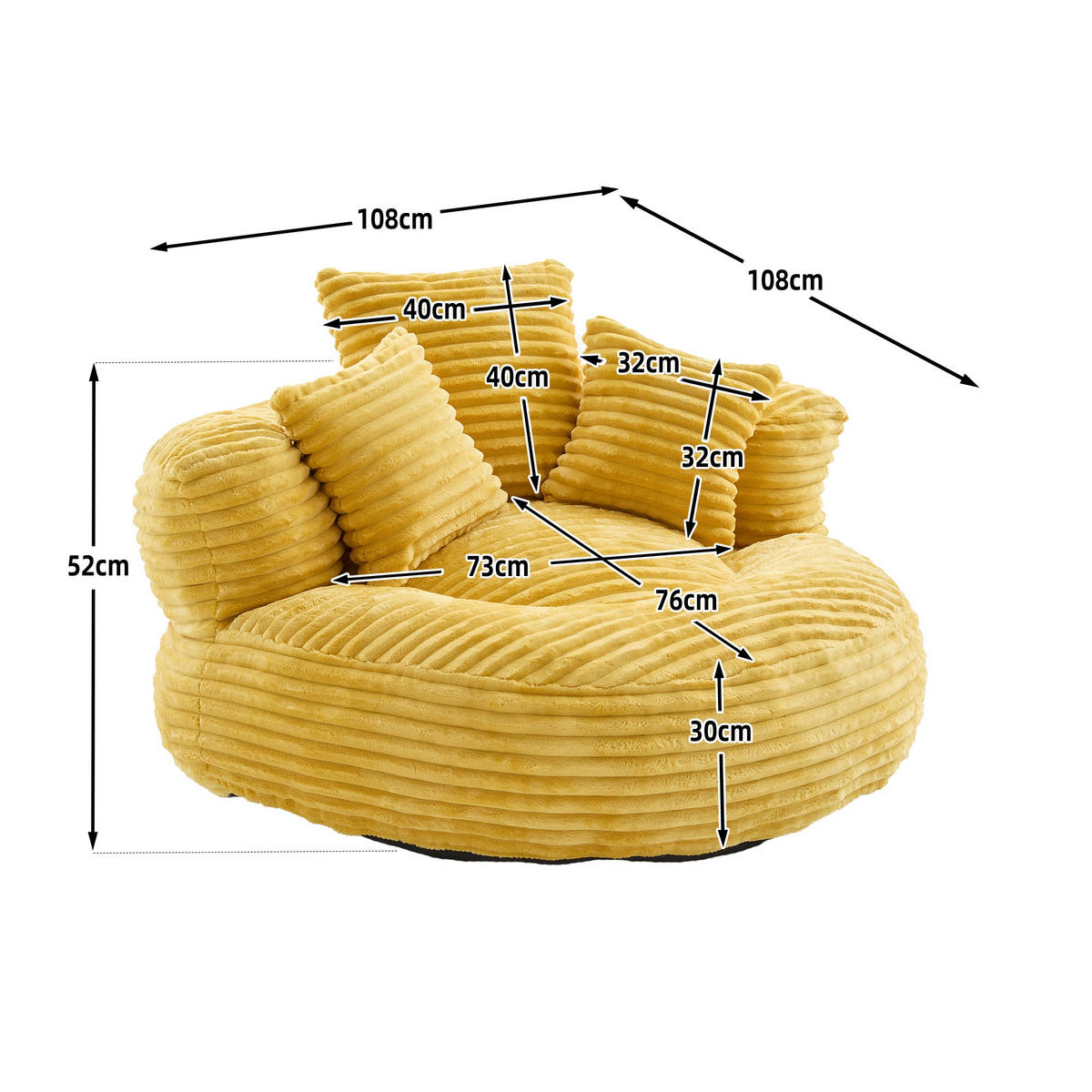 SITZSACK Cord,Sofa mit 3 extra Kopfkissen,Gelb - Gelb, Textil (108/52/108cm) - LVHOM