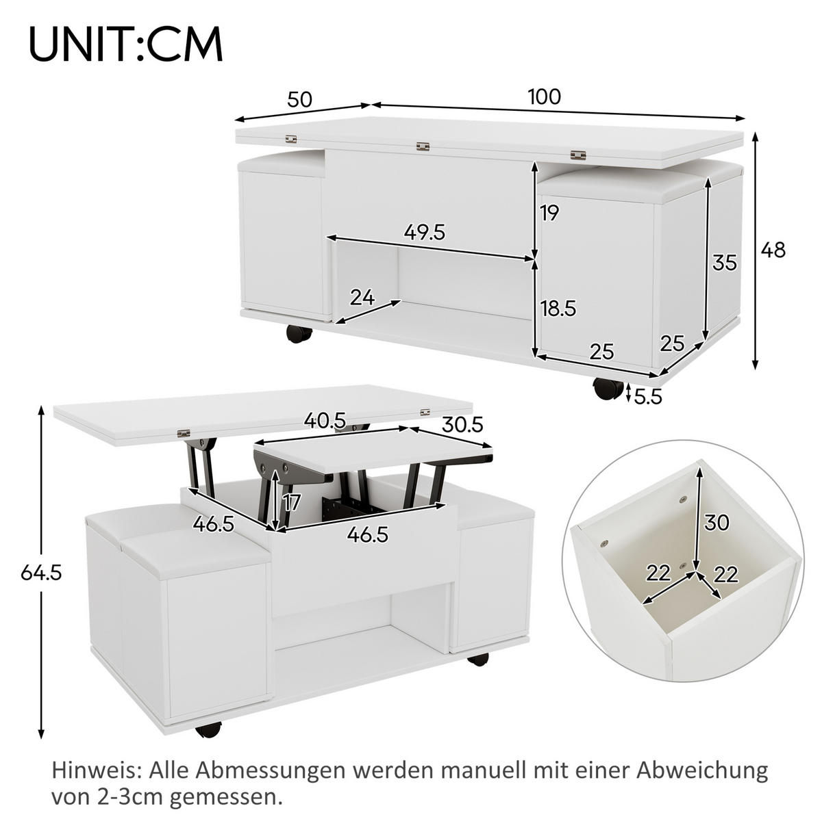 COUCHTISCH höhenverstellbar 100x100 cm Weiß 5-tlg. - Weiß, Holzwerkstoff (100/100/63.5cm) - Meubliv