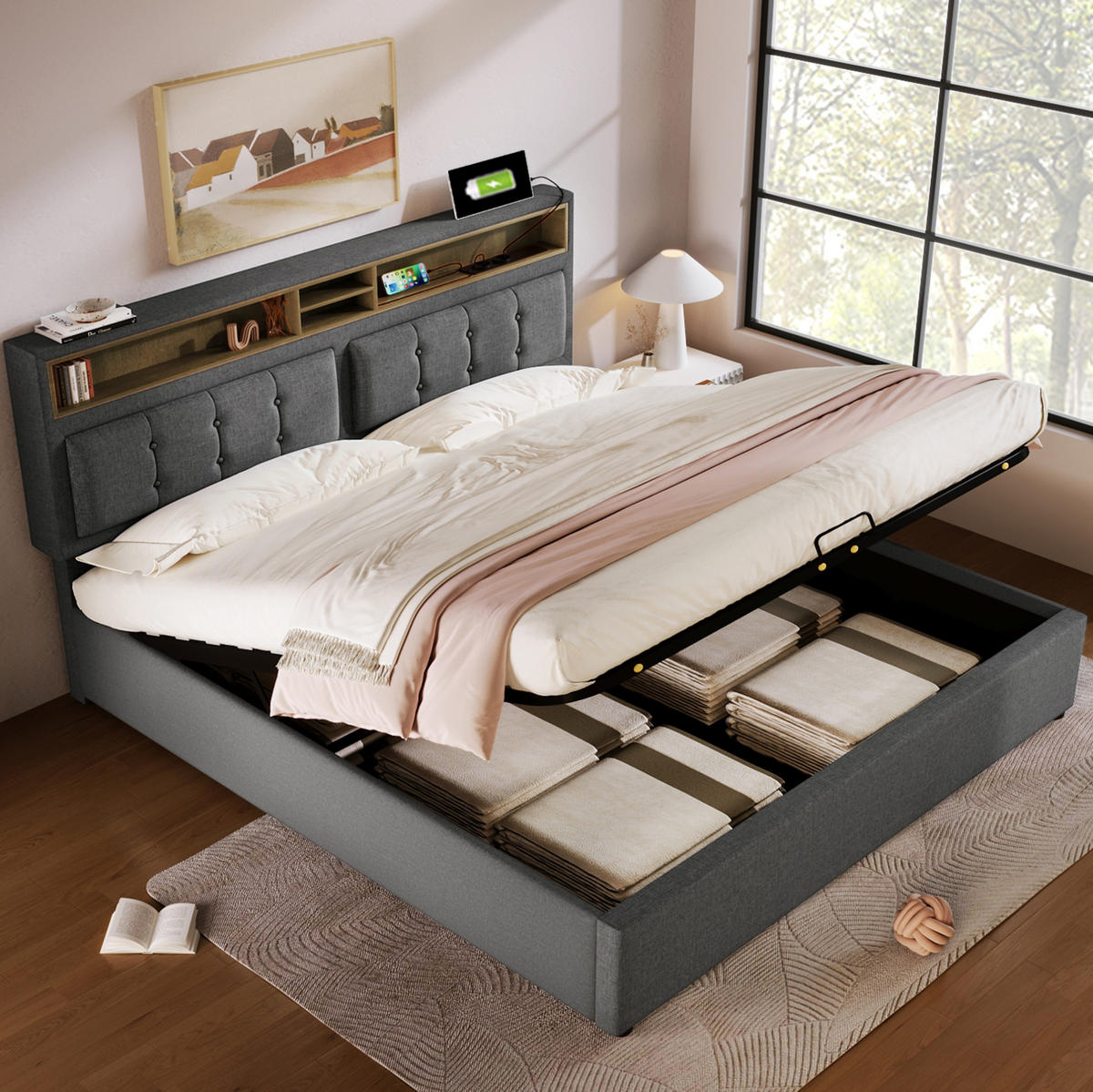 POLSTERBETT 140/200 cm in Grau mit Stauraum und USB- und Type-C-Anschlüssen - Grau, Textil (140/200cm) - Flora Grace