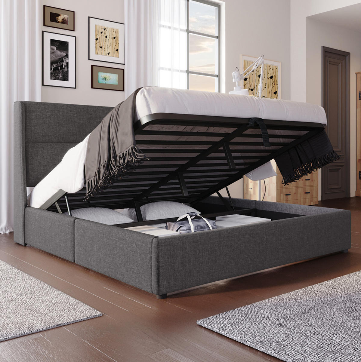 POLSTERBETT aus Leinen 180x200 cm Grau mit verstellbaren Kopfstützen und hydraulischem Stauraum - Grau, Textil (180/200cm) - Modfu