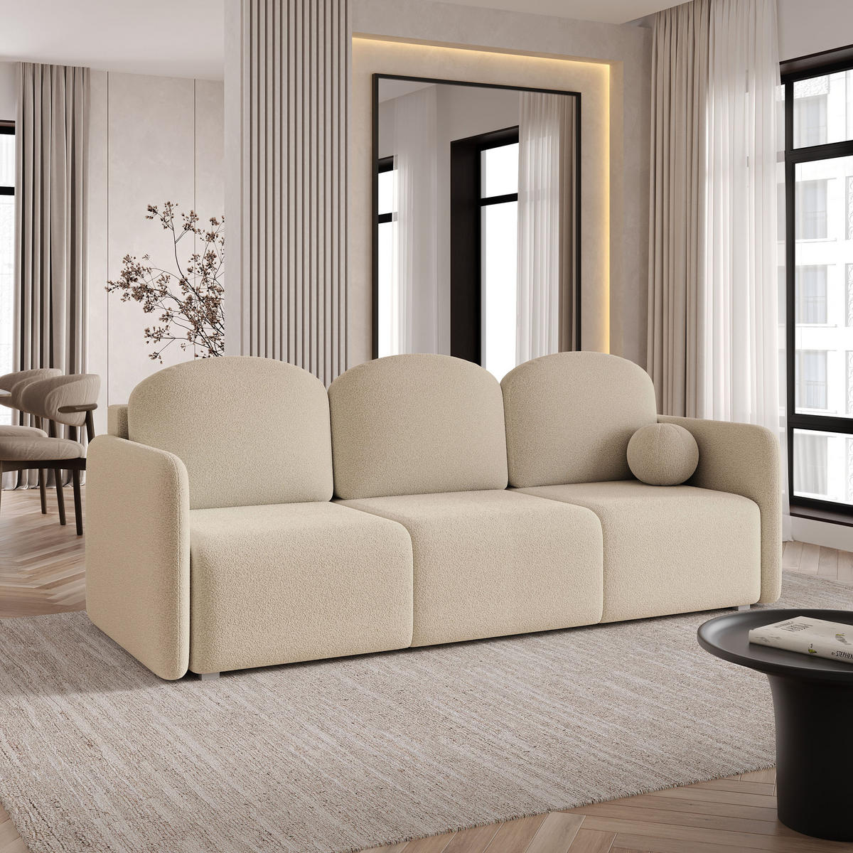 BETTSOFA SUVI III Q Beige Bucle-Stoff mit Schlaffunktion - Beige, Textil (220/85/90cm) - MASSENO