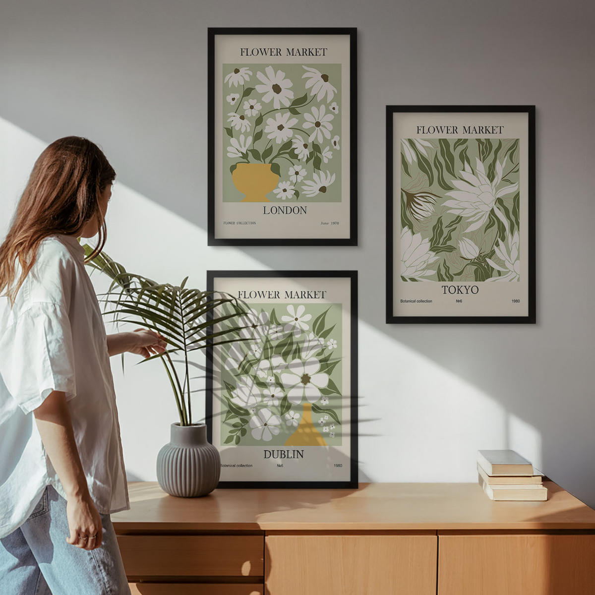 WANDBILDER 3er-Set - 40x60 cm Schwarzer Rahmen - Blumenmuster London Tokio Dublin - Schwarz, Kunststoff (40/60cm) - ArtPrintCave