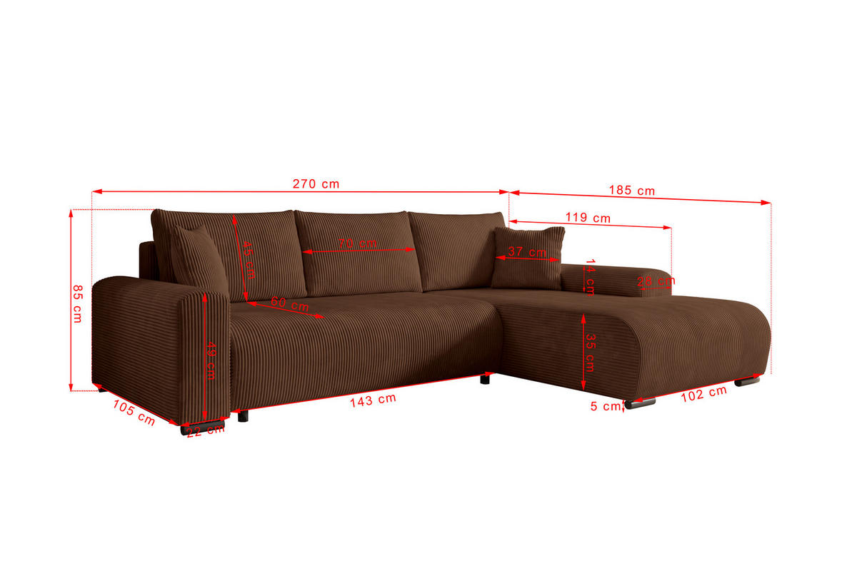 ECKSOFA Nelly mit Bettkasten und Schlaffunktion, Cordstoff in L-Form - Braun, Textil (270/185cm)