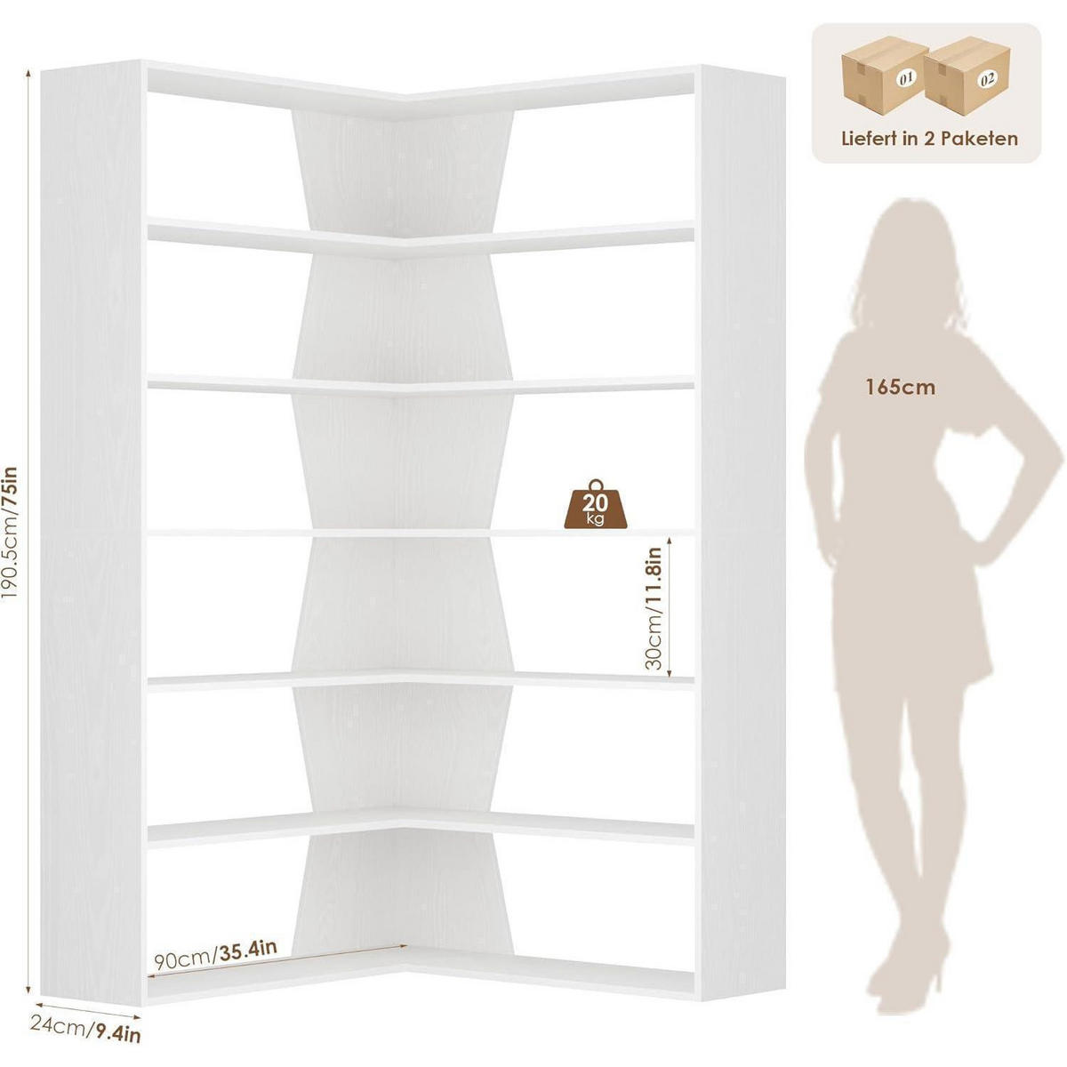 ECKREGAL 190 cm weiß 6 Ebenen - Weiß, Holzwerkstoff (90/190.5/90cm)