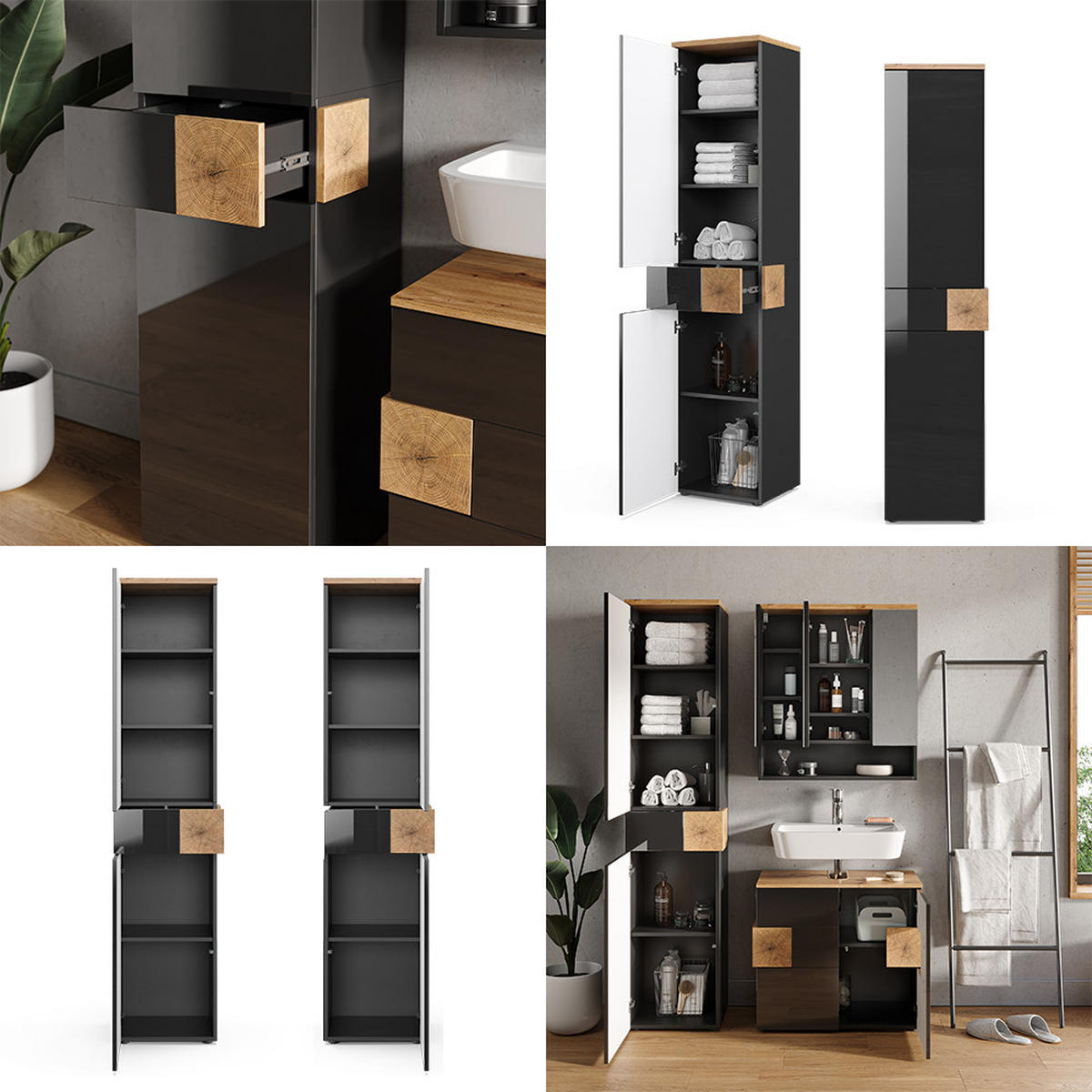 BADSCHRANK Eden Anthrazit 40 x 184.2 cm - Anthrazit/Eiche Artisan, Holzwerkstoff (40/184.2/37cm) - Vicco