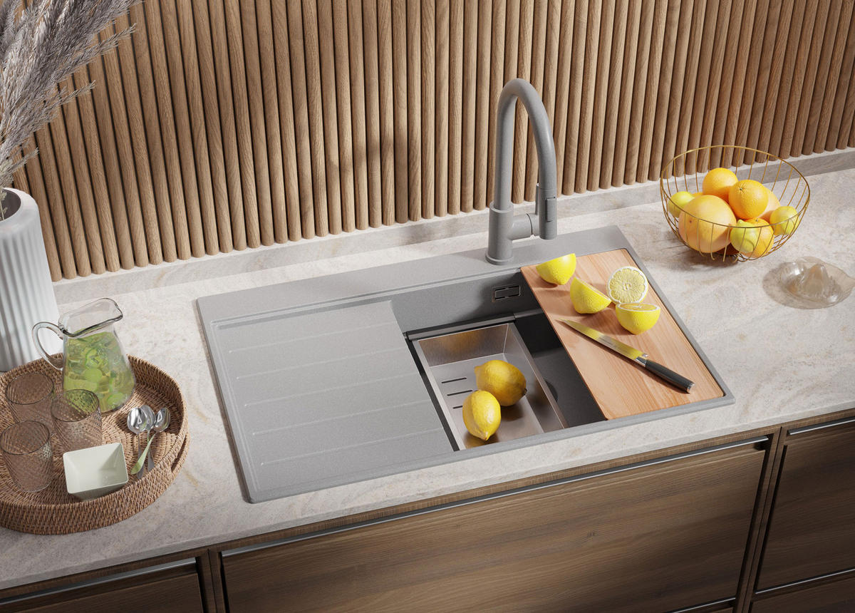 SPÜLBECKEN Sydney, 2-er set Grau 78/50 cm 1 Becken + Ablauf-Set + Küchenzubehörset ab 50er Unterschrank - Chromfarben/Beige, Kunststoff (78/20/50cm) - Primagran