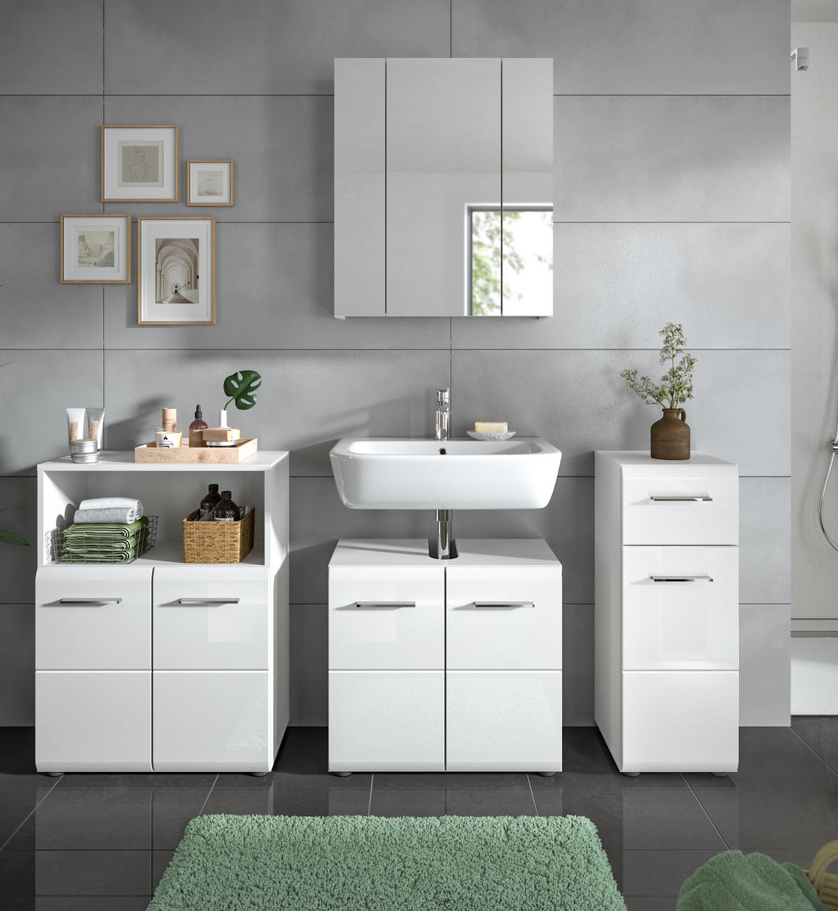 BADMÖBEL-SET weiß Hochglanz, Badkombination 4-teilig 180 cm - Weiß Hochglanz/Silberfarben, Glas/Holzwerkstoff (180/185/30cm) - Inn.Furn