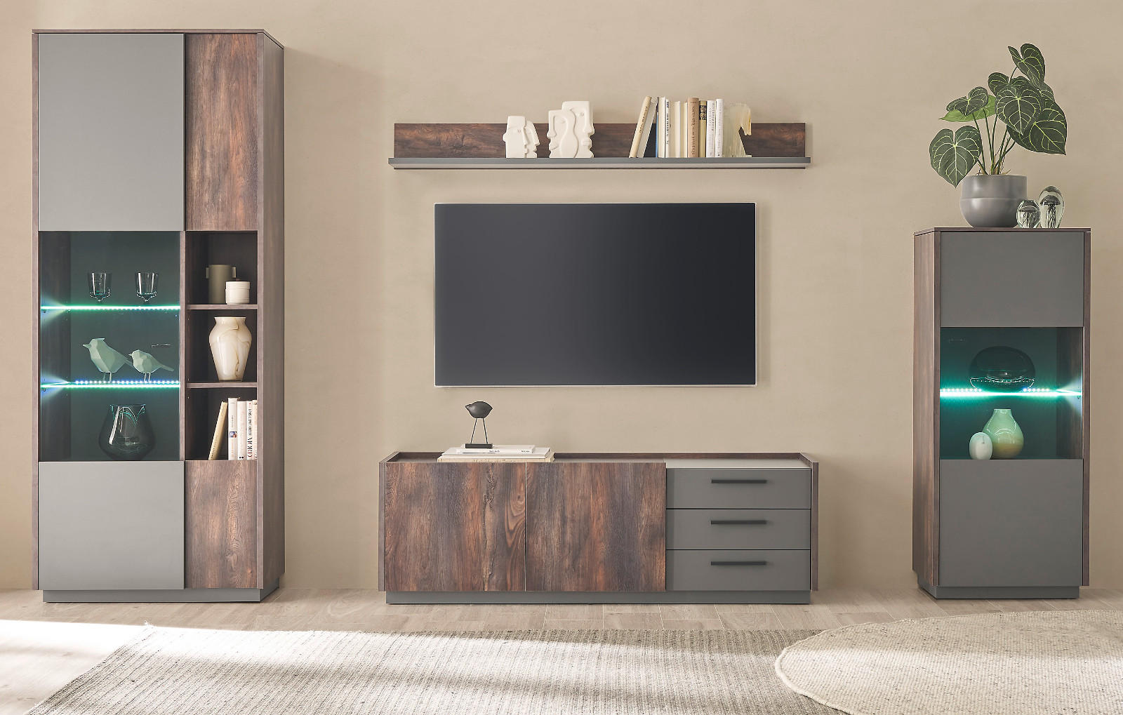 WOHNWAND Thermo Eiche, grau, Wohnkombination 4-teilig mit Soft-Close 327 x 200 cm - Eichefarben/Grau, Holzwerkstoff/Metall (327/200/45cm) - Furn.Design