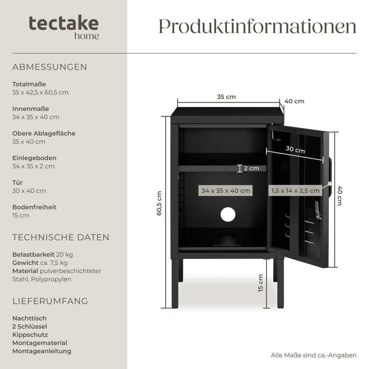 NACHTSCHRANK Baker, Kippschutz, höhenverstellbare Füße, schwarz - Schwarz, Metall (35/60.5/42.5cm) - tectake