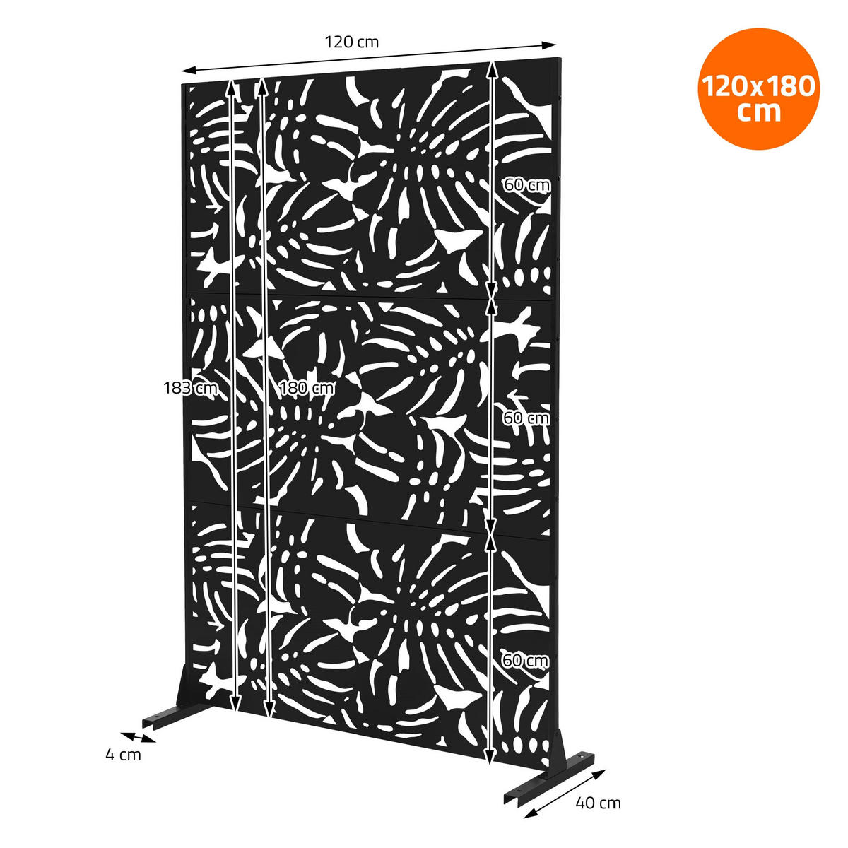 METALL-SICHTSCHUTZ Roma 120x180 cm Schwarz aus Stahl - Schwarz, Metall (120/183cm) - ML-DESIGN