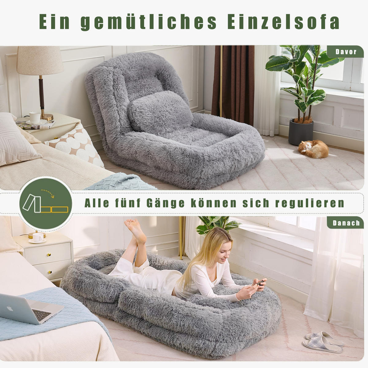 SITZSACK Plüsch Hellgrau mit Verstellfunktion und mit Kissen - Hellgrau, Holzwerkstoff/Textil (89/42/175cm) - WISHDOR