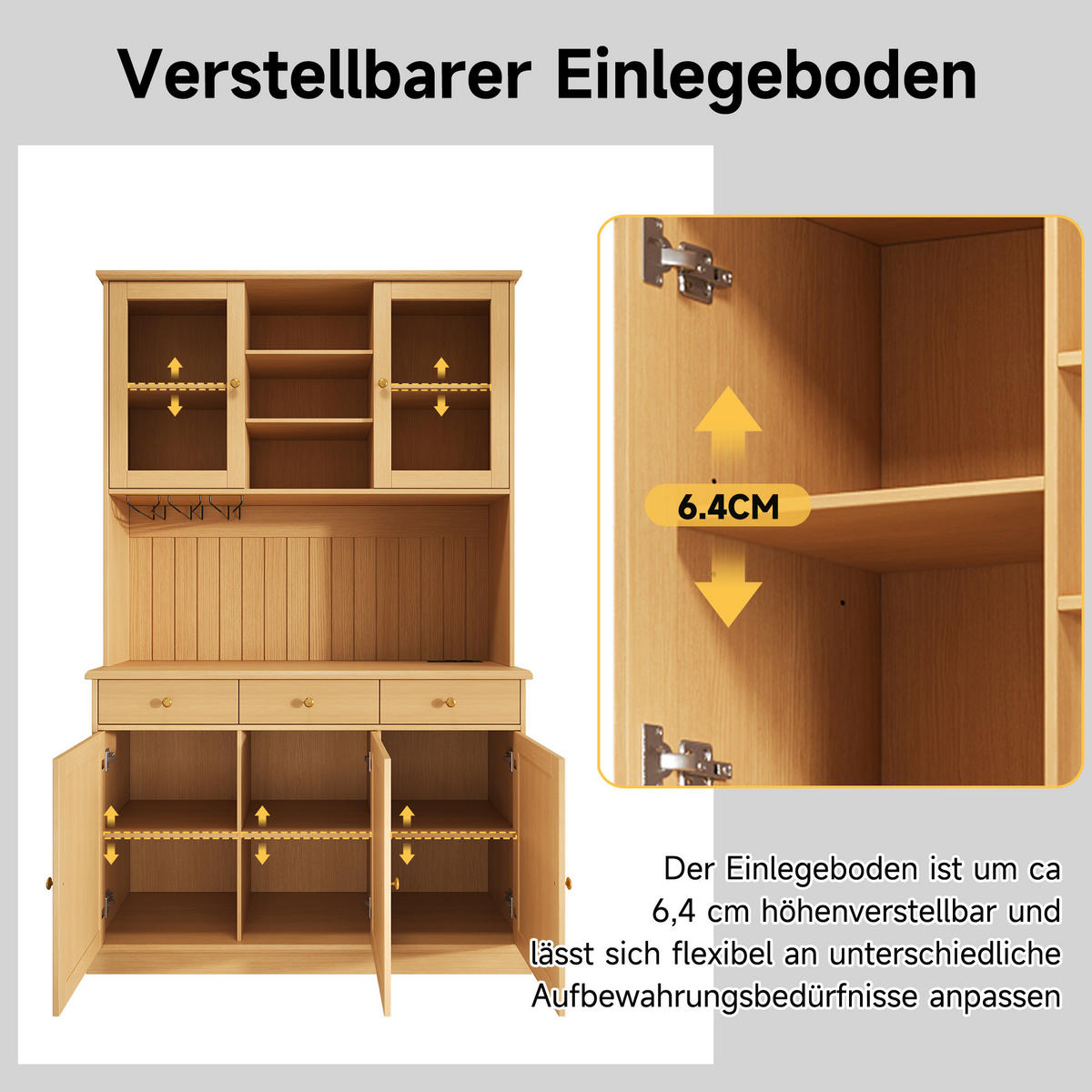 BUFFETSCHRANK DE-38594 120/40/191 cm Glastüren und integrierte Steckdose Natur - Naturfarben, Holzwerkstoff (120/191/40cm) - ComfortXL