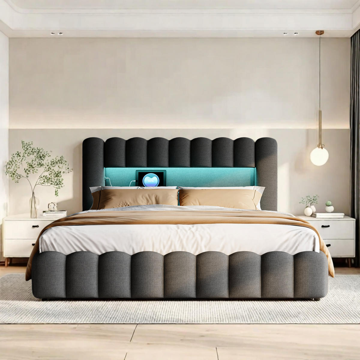 POLSTERBETT 160x200 cm LED Hydraulik Stauraum Lattenrost Leinen grau - Grau, Holz (160/200cm) - LEBENLANG