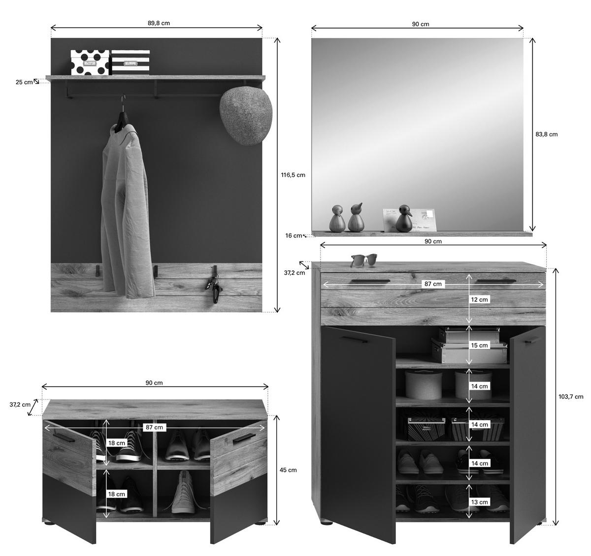 GARDEROBEN-SET Eiche, grau 4-teilig 195 cm mit Soft-Close - Eichefarben, Glas/Holzwerkstoff (90/200/37cm) - Inn.Furn
