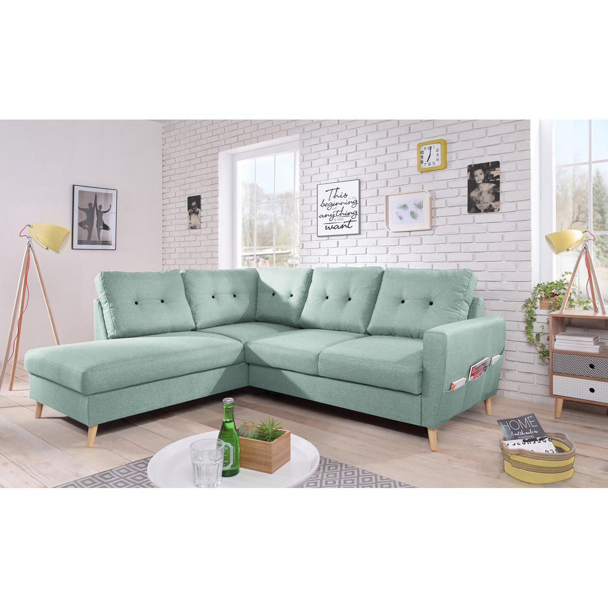 ECKSOFA mit Ottomane - Webstoff - Hellbraun/Mintgrün, Holz/Textil (230/200cm) - home24