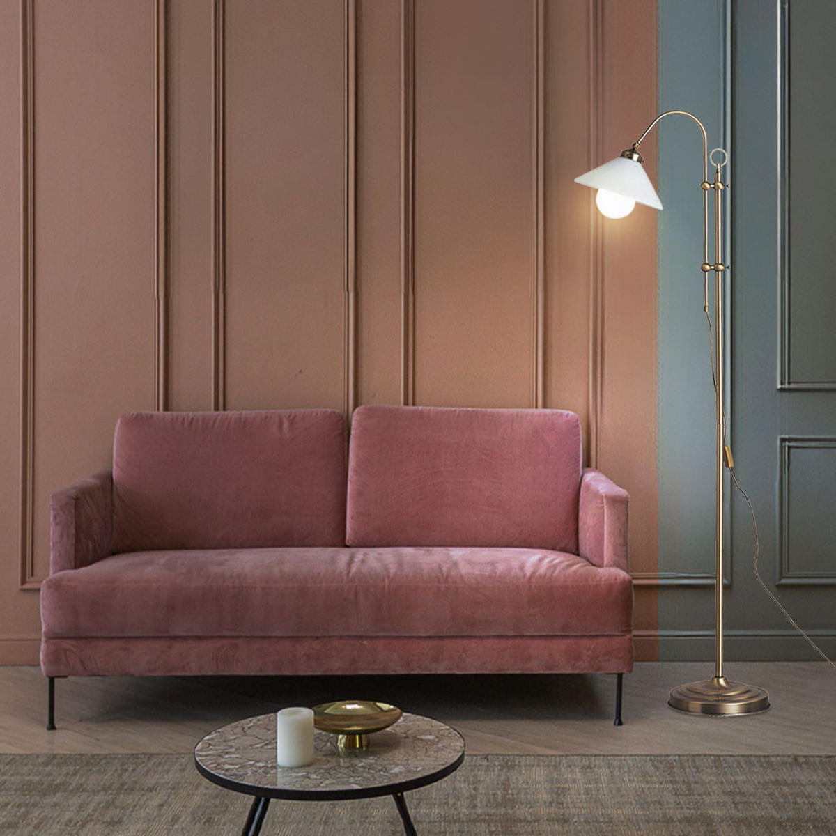 LED STEHLEUCHTE Altmessing Opal - Messingfarben, Glas/Metall (47/23/170cm) - Globo Lighting