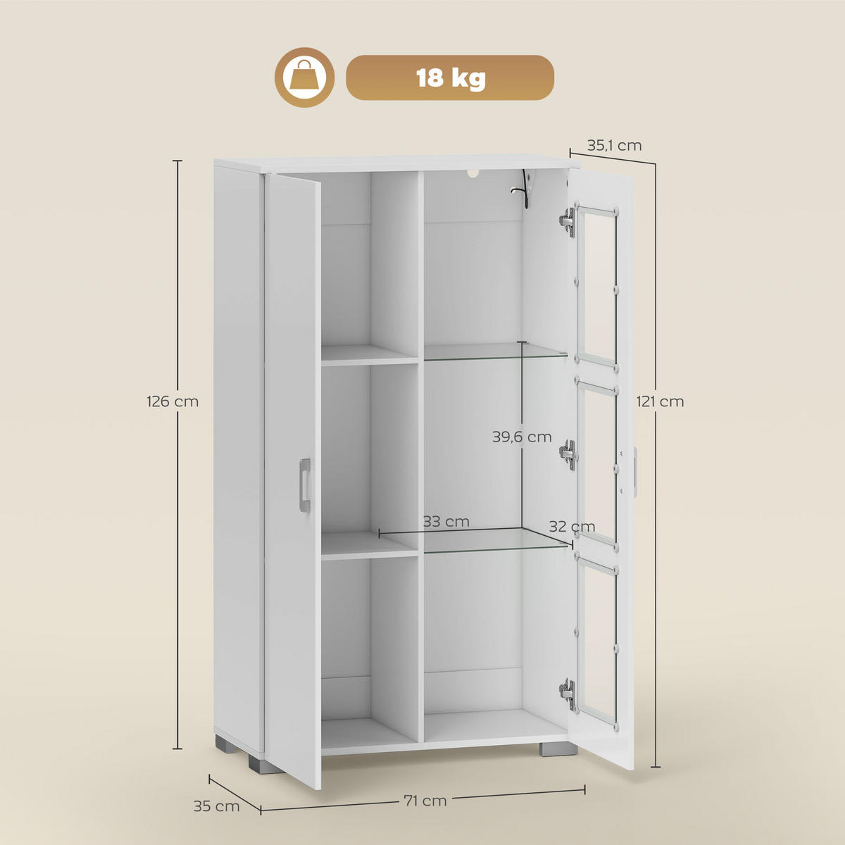 HIGHBOARD Weiß mit LED-Beleuchtung und Glastüren 71/35/126 cm - Weiß, Holzwerkstoff (71/126/35cm) - PANGIVO