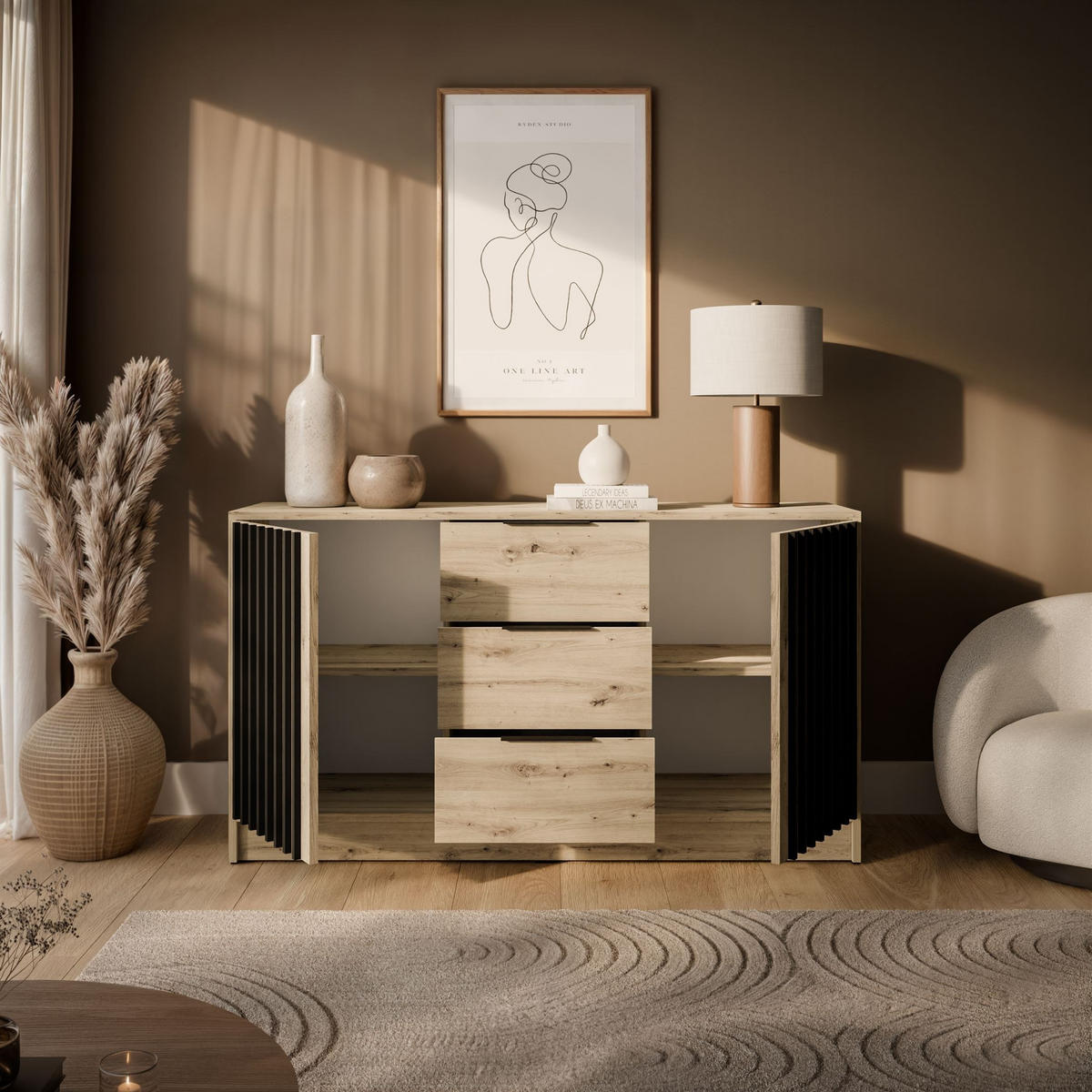 KOMMODE NELA, zweitürig mit Lamellen, Artisan/Schwarz - Eiche Artisan, Holzwerkstoff (155/86/45cm) - Lookway