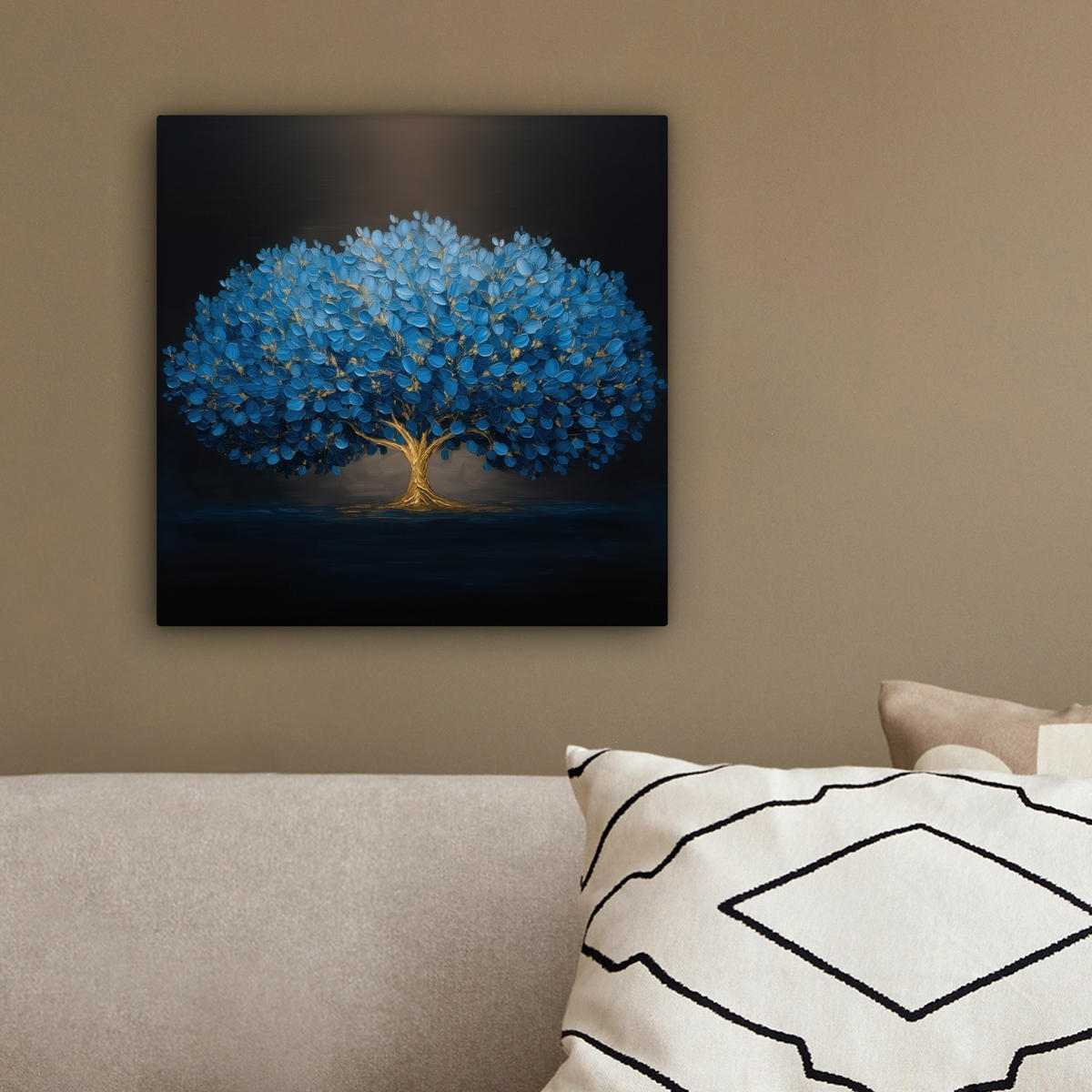 LEINWANDBILD Baum - Blau - Blätter - Pinselstriche Deko Wohnzimmer 20x20 cm - Blau, Textil (20/20cm) - MuchoWow