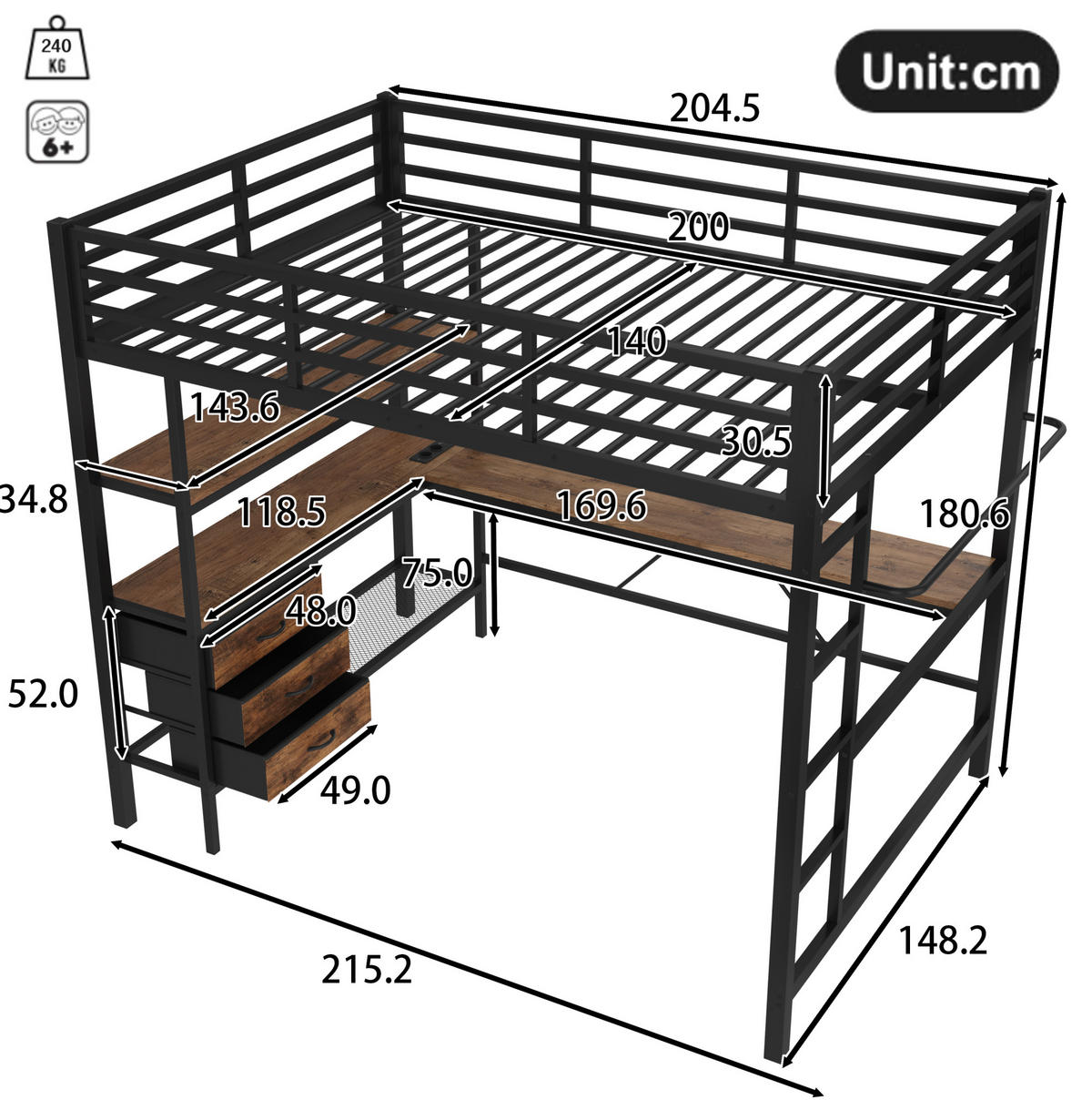 HOCHBETT 140/200 cm aus Metall mit LED-Beleuchtung, Schreibtisch und Stauraum - Schwarz, Metall (140/200cm) - Flora Grace
