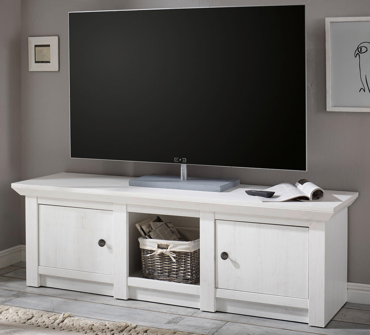 TV-LOWBOARD Pinie weiß 152 x 51 cmm TV-Unterteil im Landhaus-Stil - Schwarz/Weiß, Holzwerkstoff/Metall (152/51/45cm) - Furn.Design