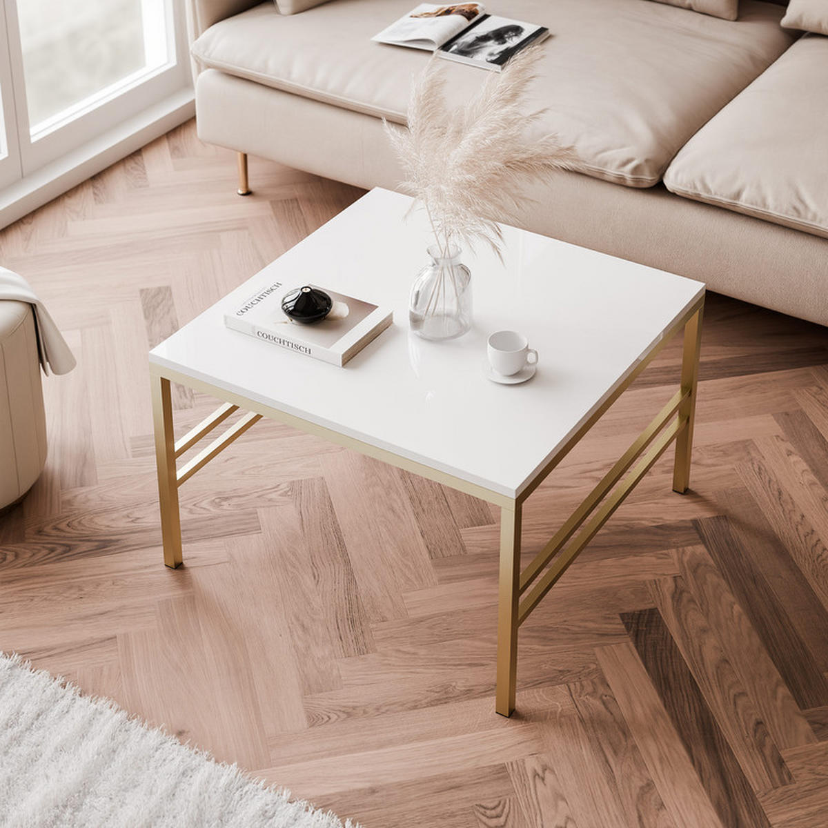 COUCHTISCH FORMA 60/60 cm Quadrat, Gold / Weiß Hochglanz - Weiß Hochglanz/Goldfarben, Metall (60/60/46cm) - Idohome