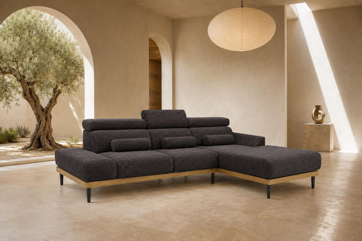 ECKSOFA MONTERO rechts, grau, elektr. Sitztiefe & Kopfstützen - Schwarz/Grau, Textil/Metall (316/205cm) - KS Home Concept