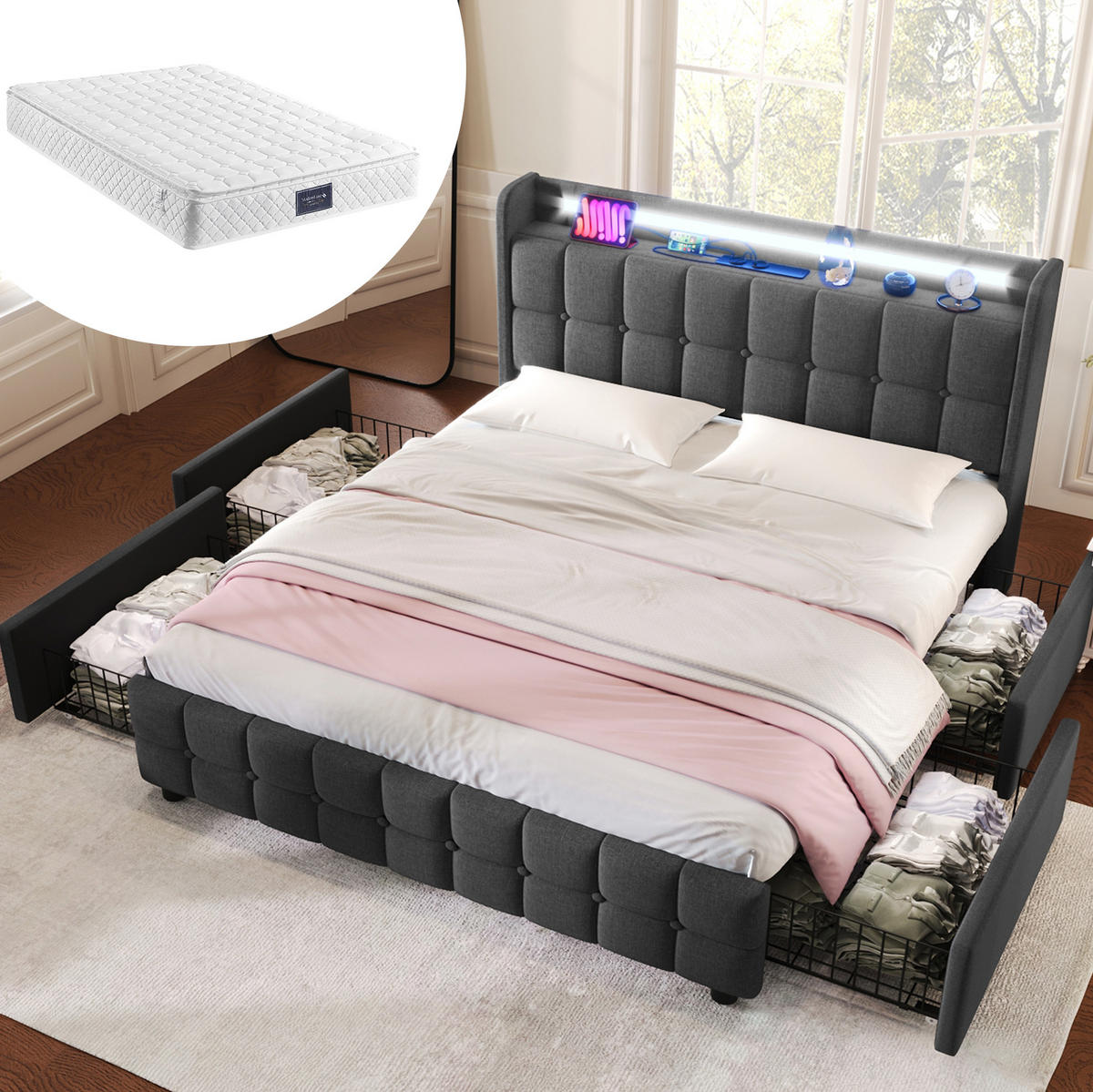 POLNJENA postelja iz lesa in kovine 140x200 cm siva z LED osvetlitvijo, USB-priključki, vtičnicami, 4 predali in vzmetnico - siva, leseni material (140/200cm) - Modfu