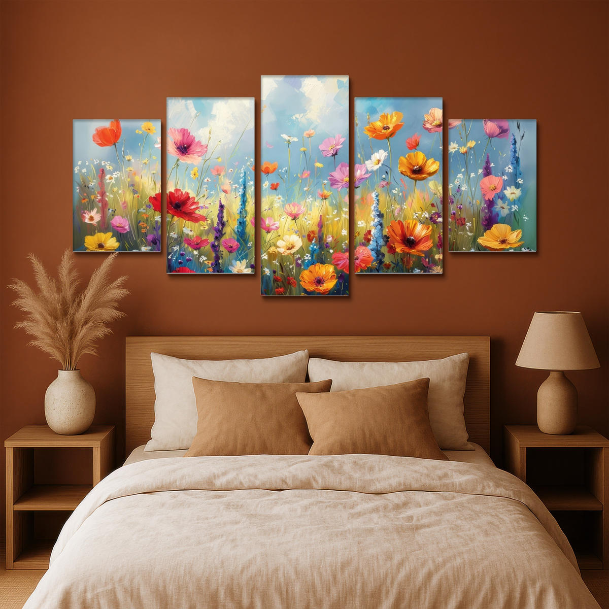 LEINWANDBILD 5er Set Blumen - Frühling - Farbenfroh - Sommerlich 200x100 cm - Orange, Textil (200/100cm) - MuchoWow